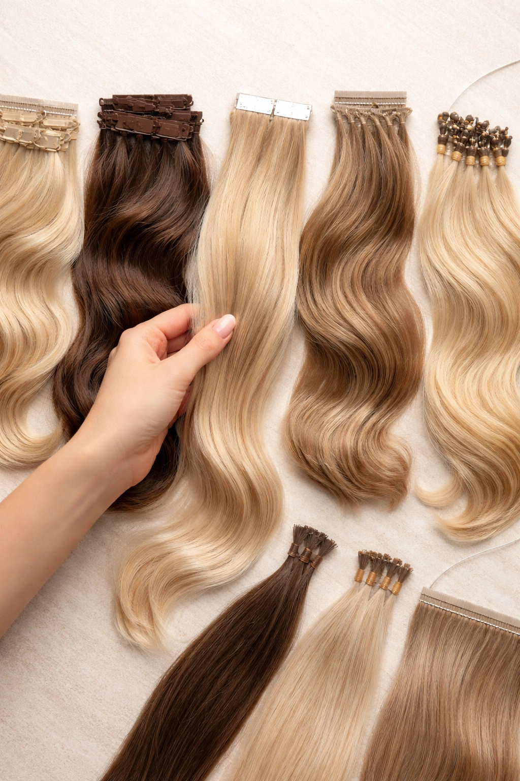 Hand selecting a hair extension sample on a clean surface