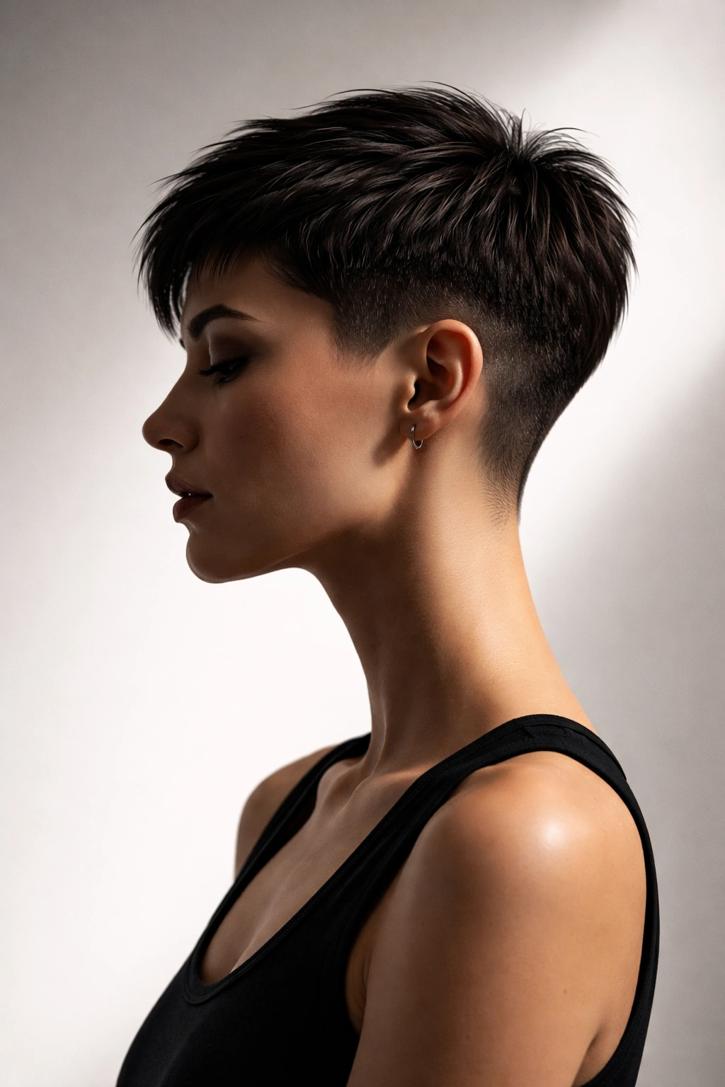 Profile portrait of a person with a crisp short haircut against a neutral backdrop