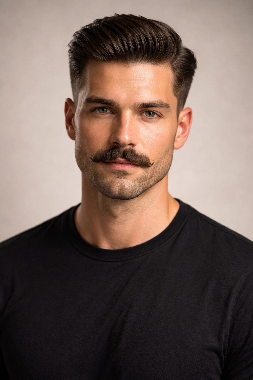 Portrait of a man with a finished grooming look showing a polished haircut and mustache