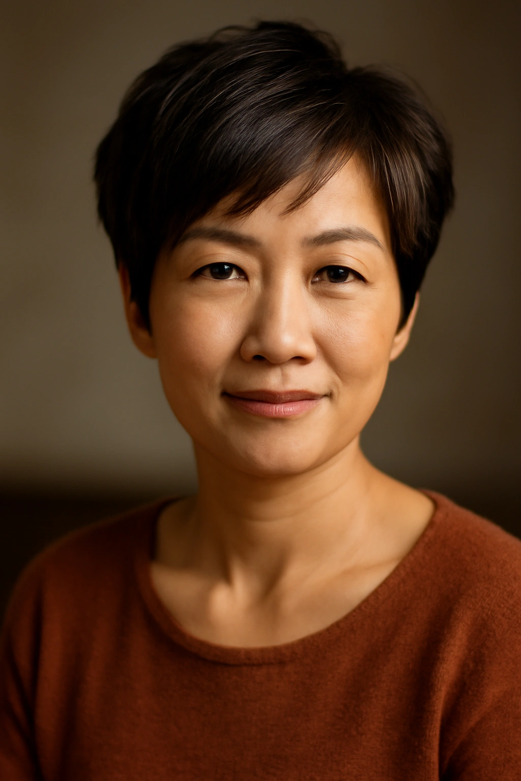 10 Short Haircuts for Asian Women Over 50 to Try 16 Portrait of a woman with a chic short haircut in studio lighting