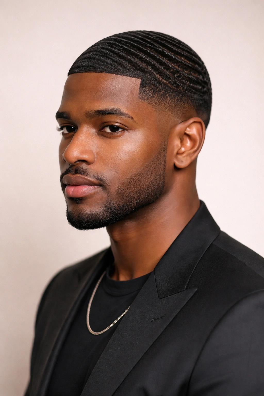 Finished hairstyle with fade and waves on Black man in studio