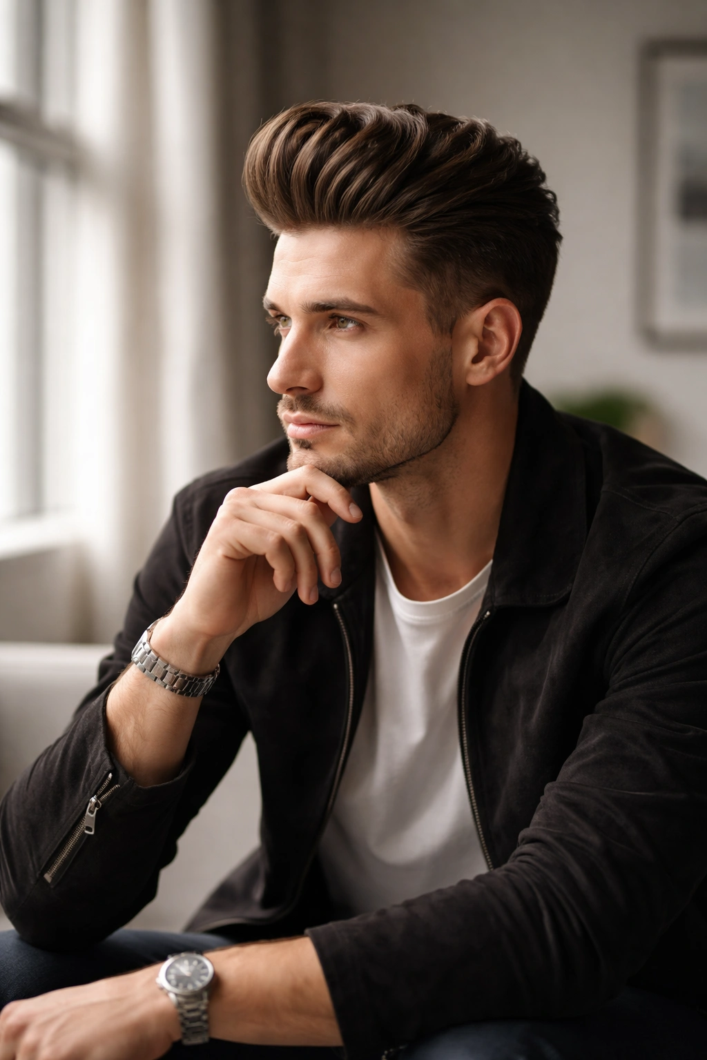Confident man with a polished pompadour in a stylish interior.