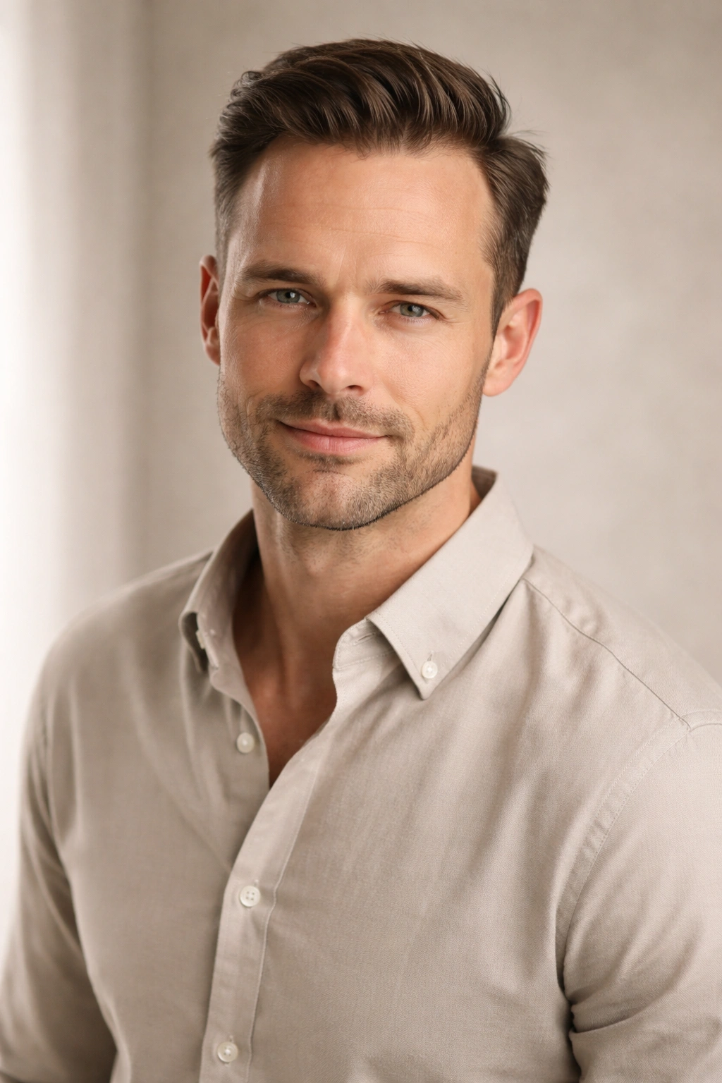 Confident man with polished hairstyle in studio setting.