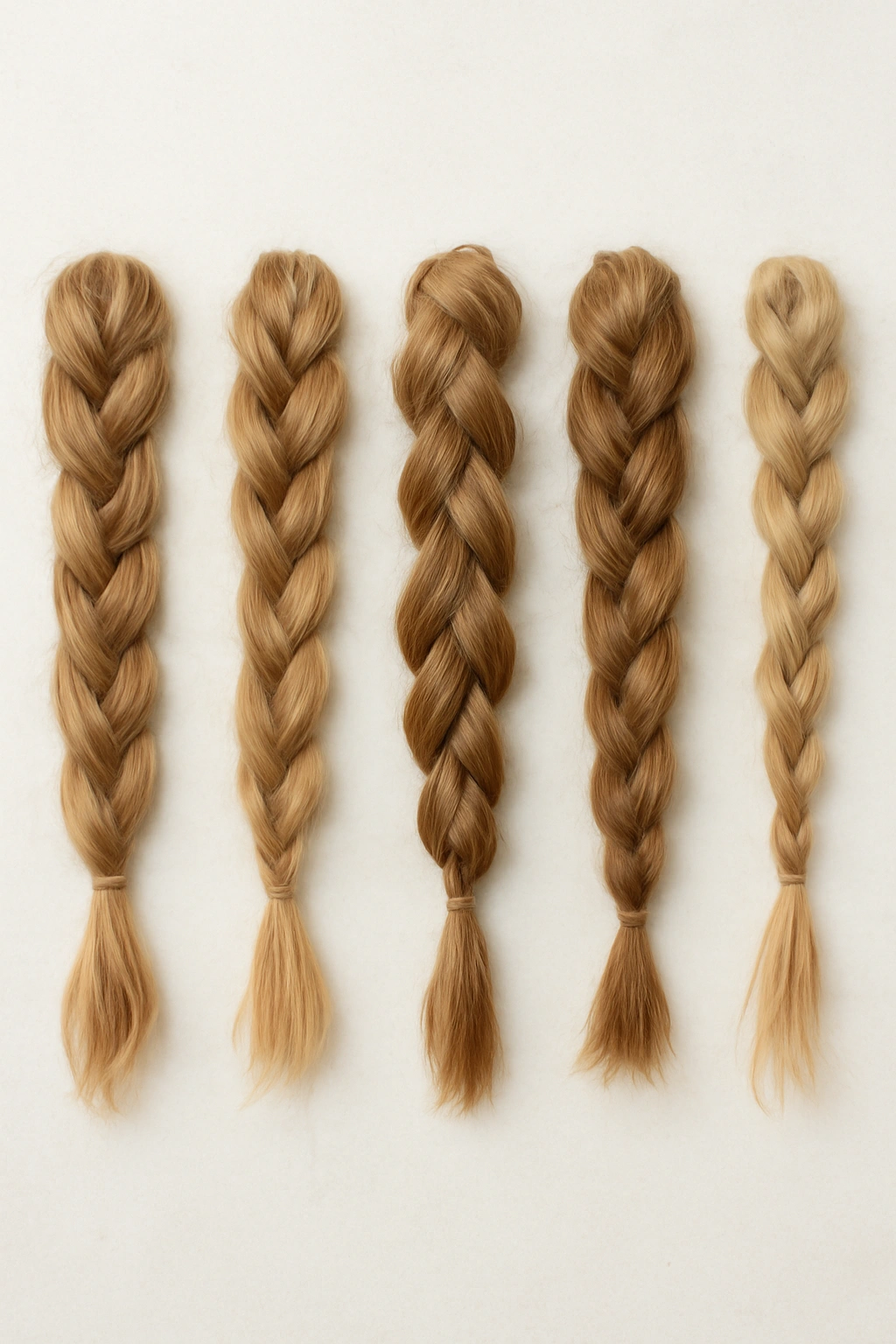 10 Loose Braid Styles for Casual or Dressy Occasions 11 Flat lay of five loose braid textures arranged in a line