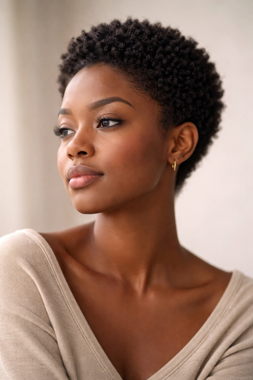 Close-up portrait of a person with short 4C hair showing natural texture and contemplative expression