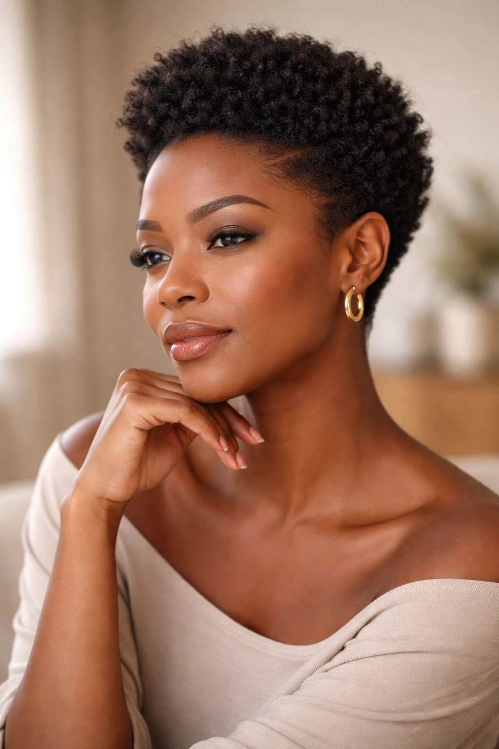 15 Short Afro Hairstyles That Look Absolutely Gorgeous 16 Contemplative portrait of a person with a short afro in a calm setting