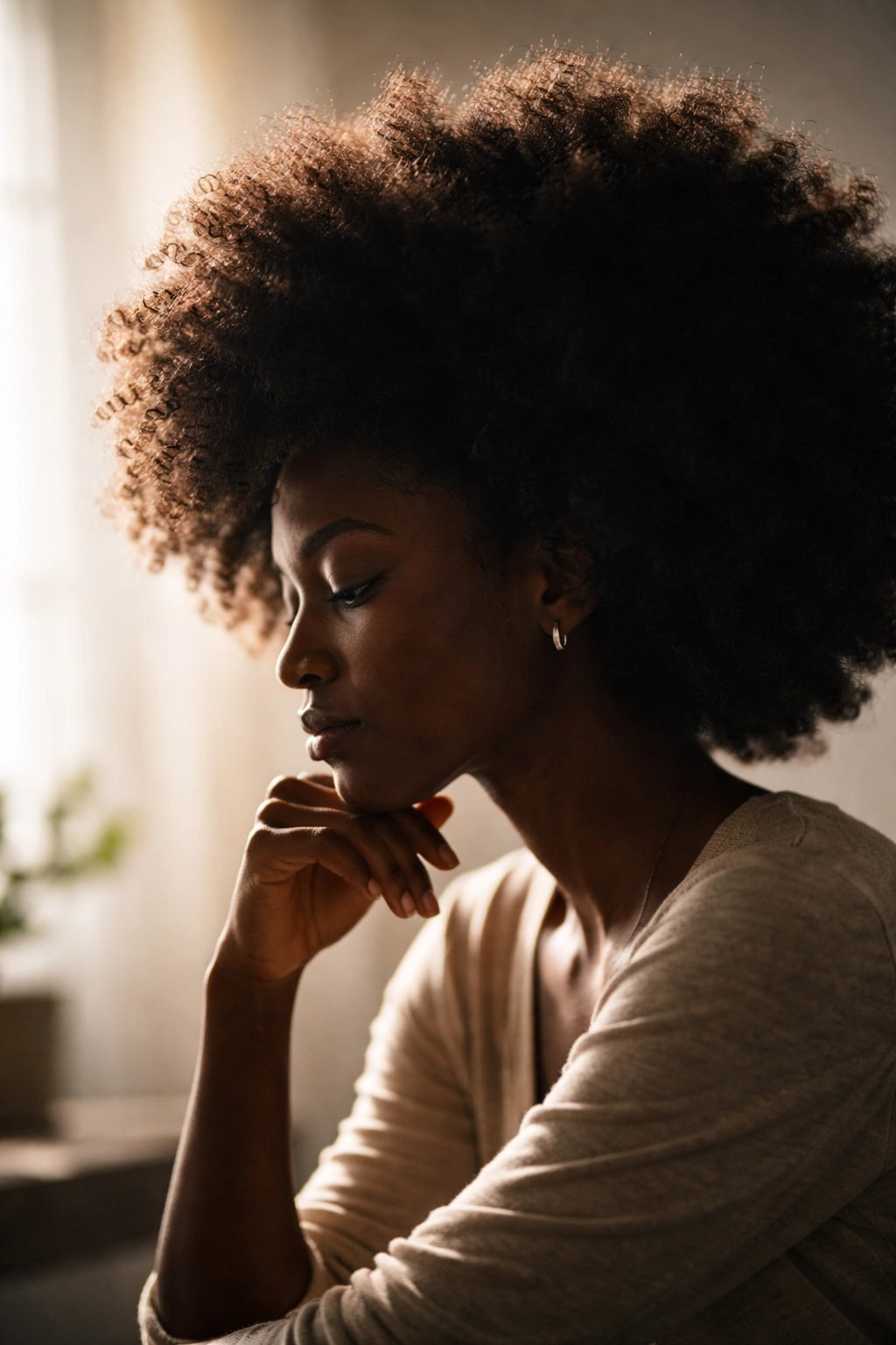 Silhouette of a person with an afro in a thoughtful pose, representing Final Thoughts on hair styling