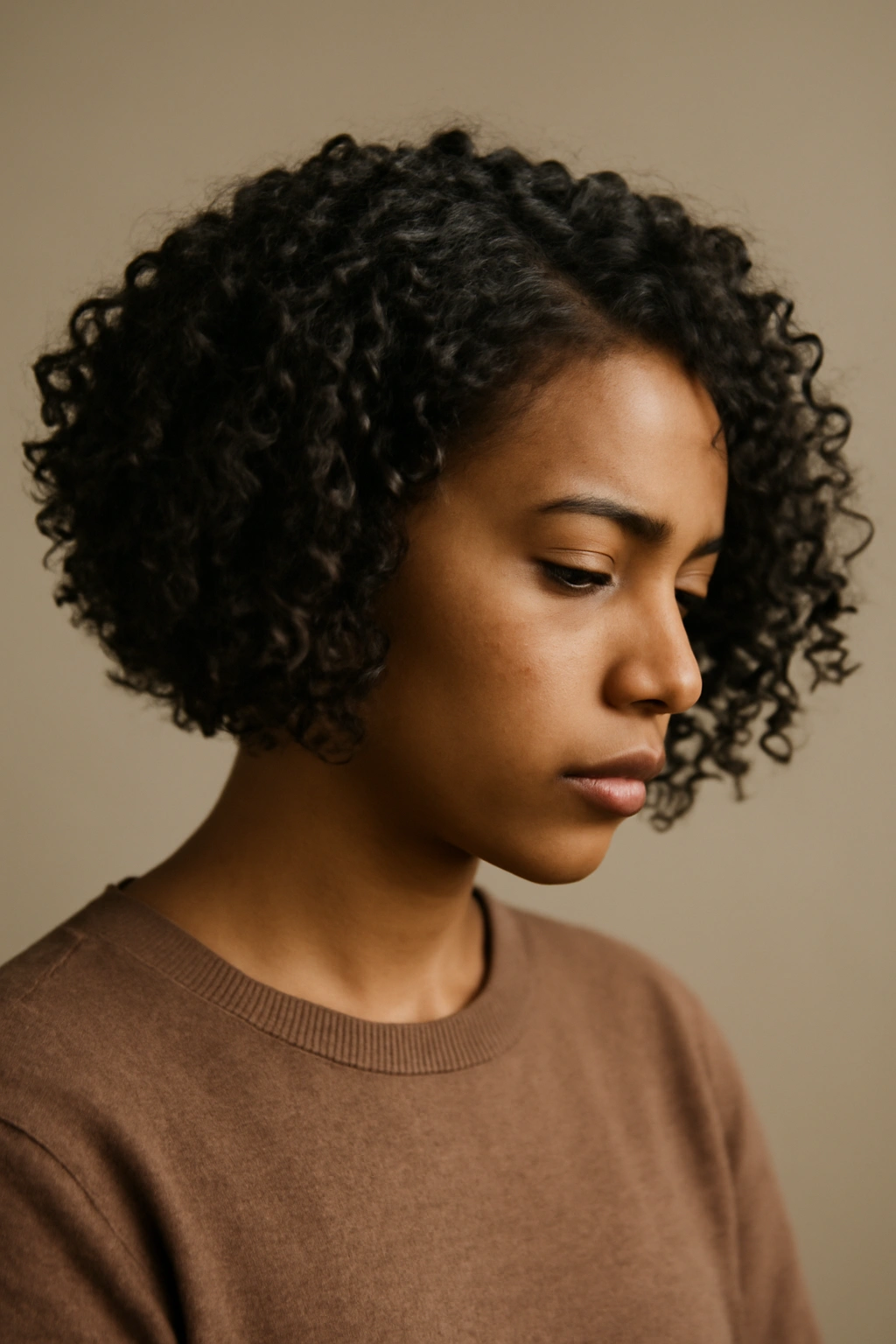 12 Angled Bob Cuts That Flatter Natural Curls 13 Close-up portrait of a person with an angled bob and curly hair, thoughtful expression in a neutral studio