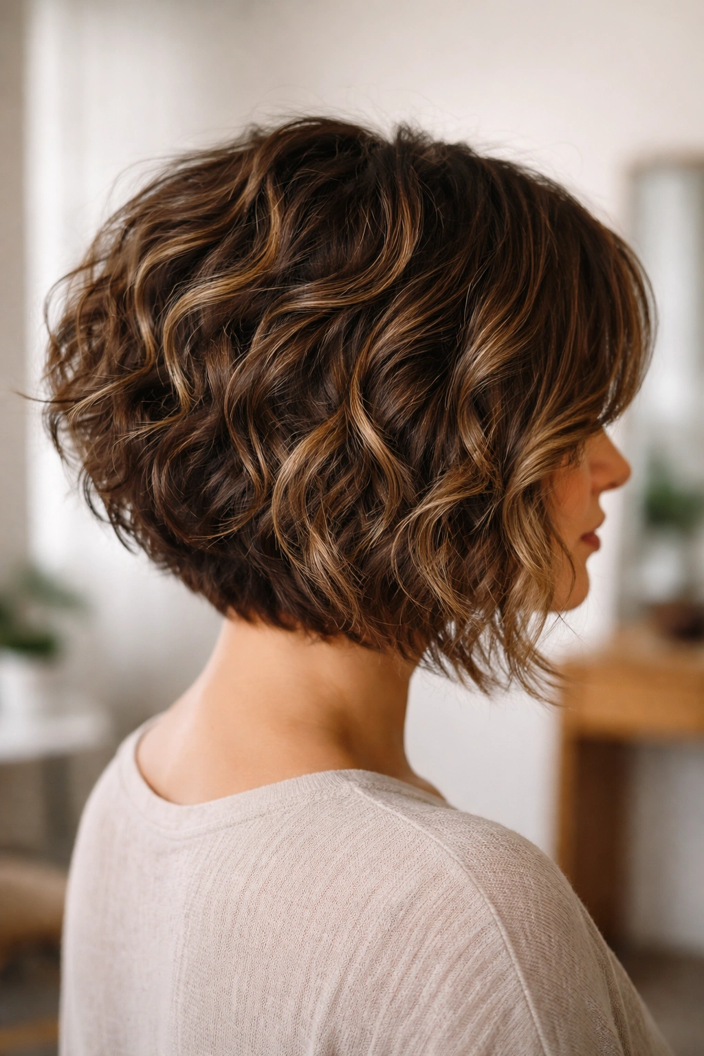 Close-up of finished angled curly bob focusing on texture and angle