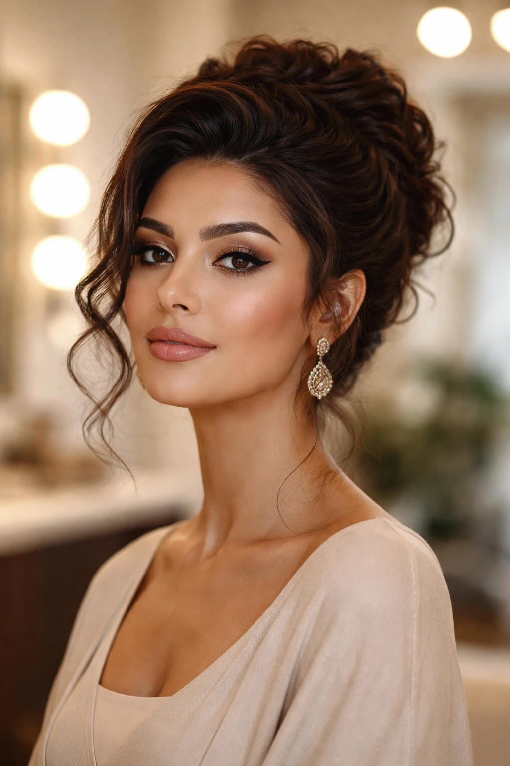 Close-up portrait of an Arab woman with thick textured hair in a refined updo