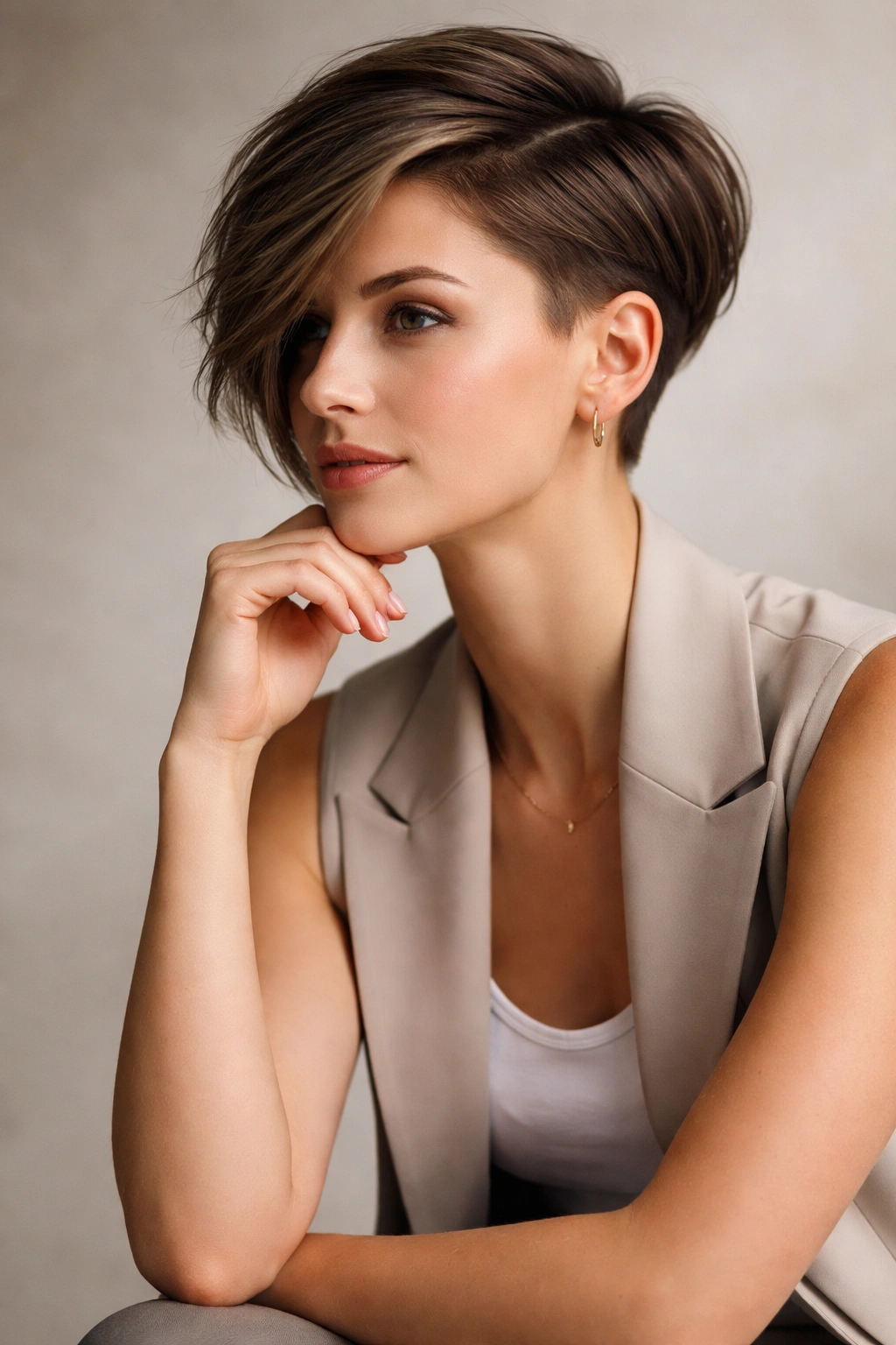 Contemplative portrait reflecting on asymmetrical haircuts
