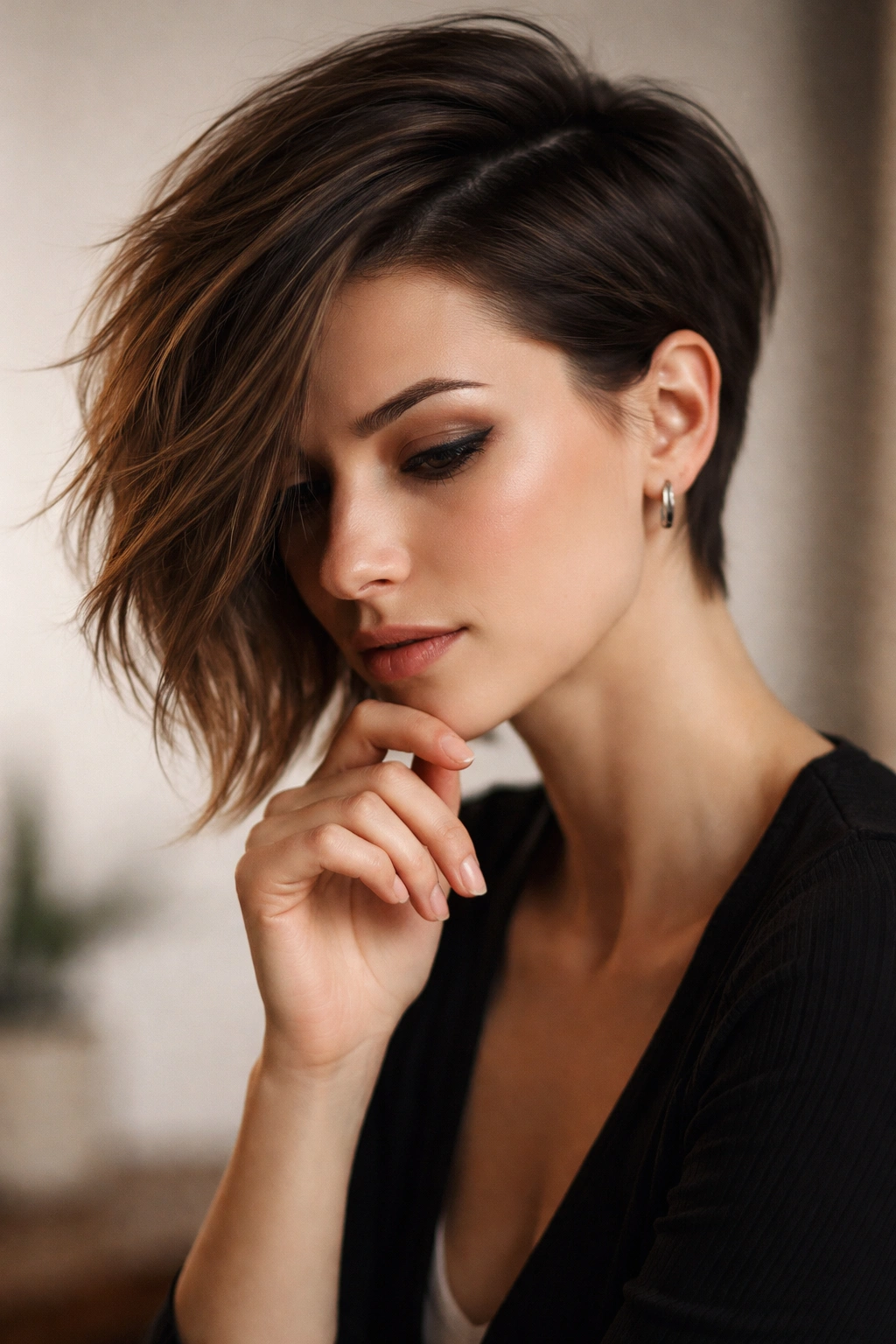 12 Asymmetrical Haircuts With A Modern Edge 13 Contemplative portrait highlighting a modern asymmetrical haircut in a minimal studio setting