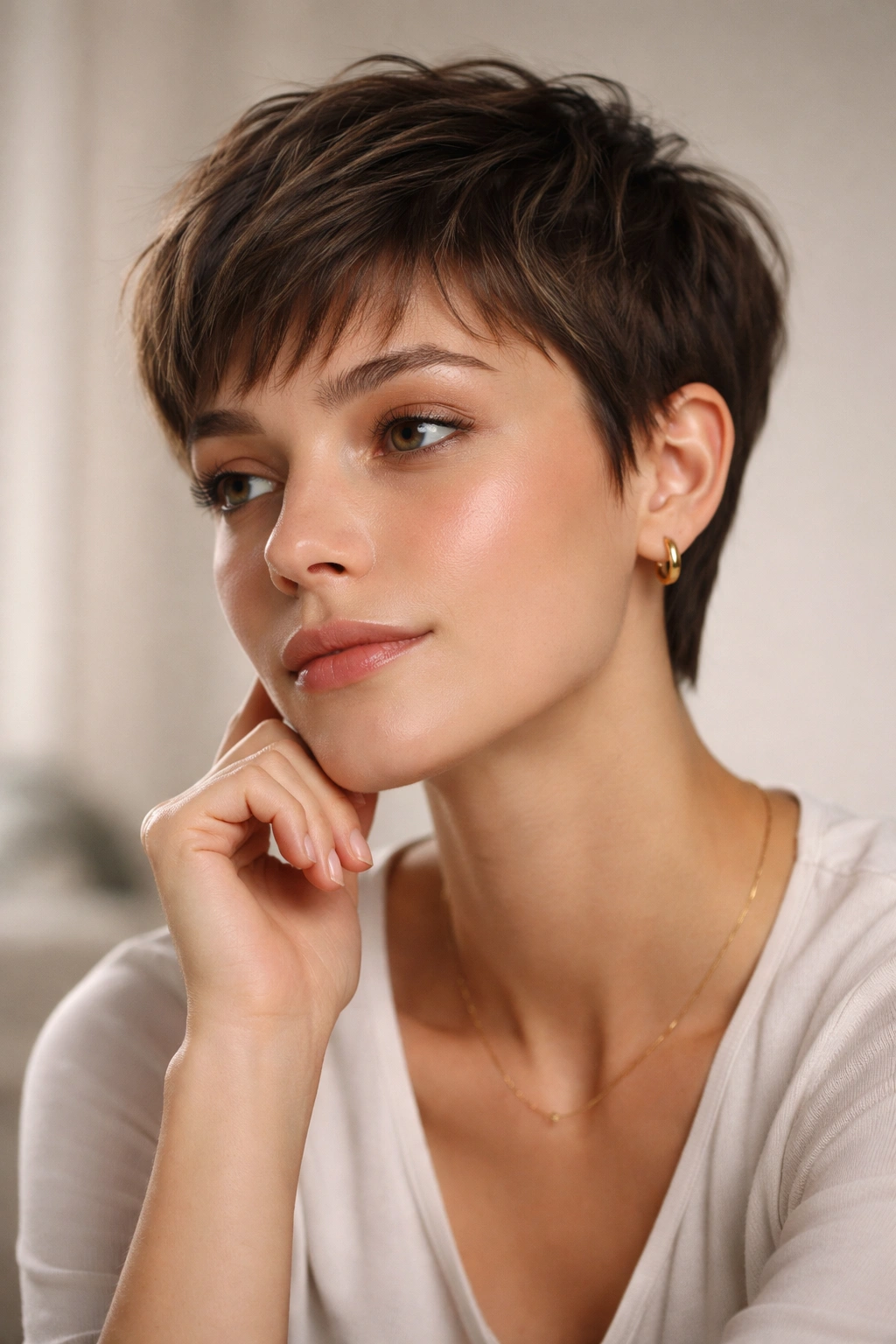 Close-up portrait of a person with a short baby-cut hairstyle in thoughtful pose