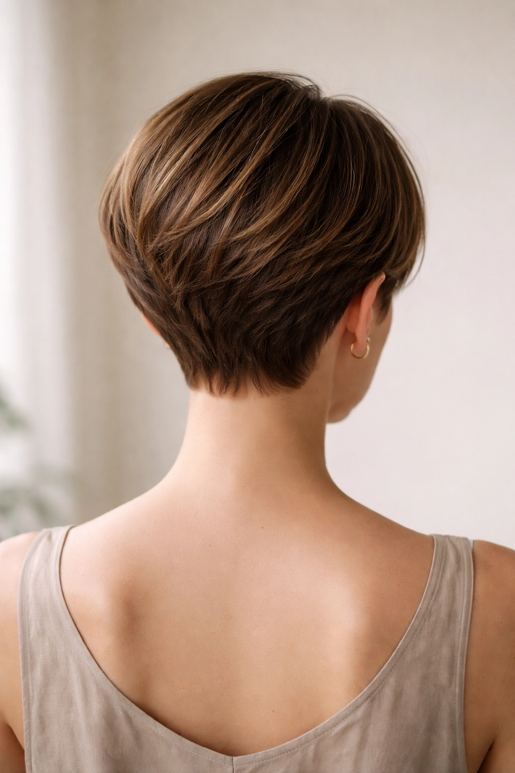 15 Short Haircuts From The Back You Need To See 16 Back view of a polished short haircut in a minimal studio with a calm mood.