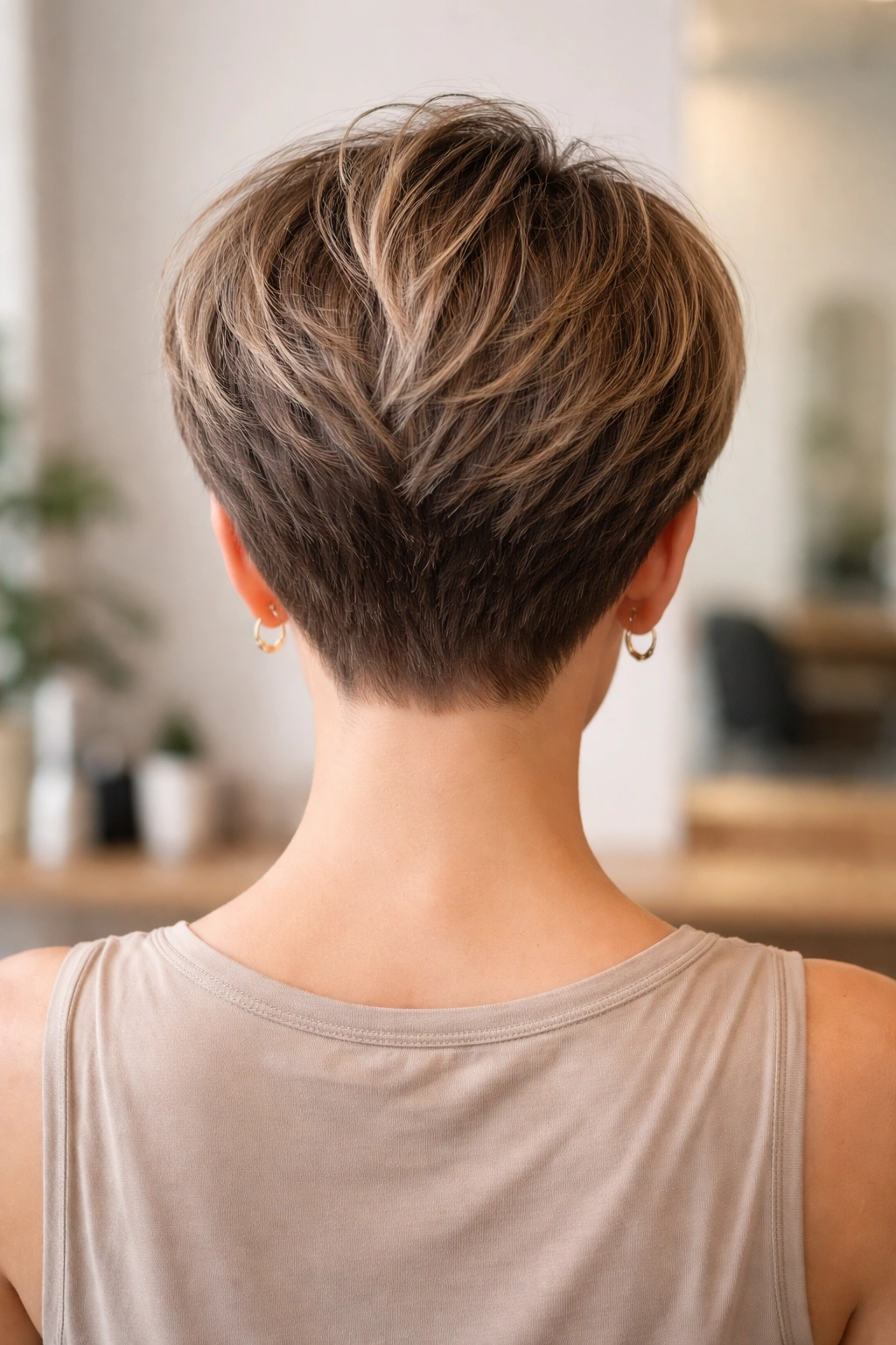 Back view of a flattering short haircut seen from behind.