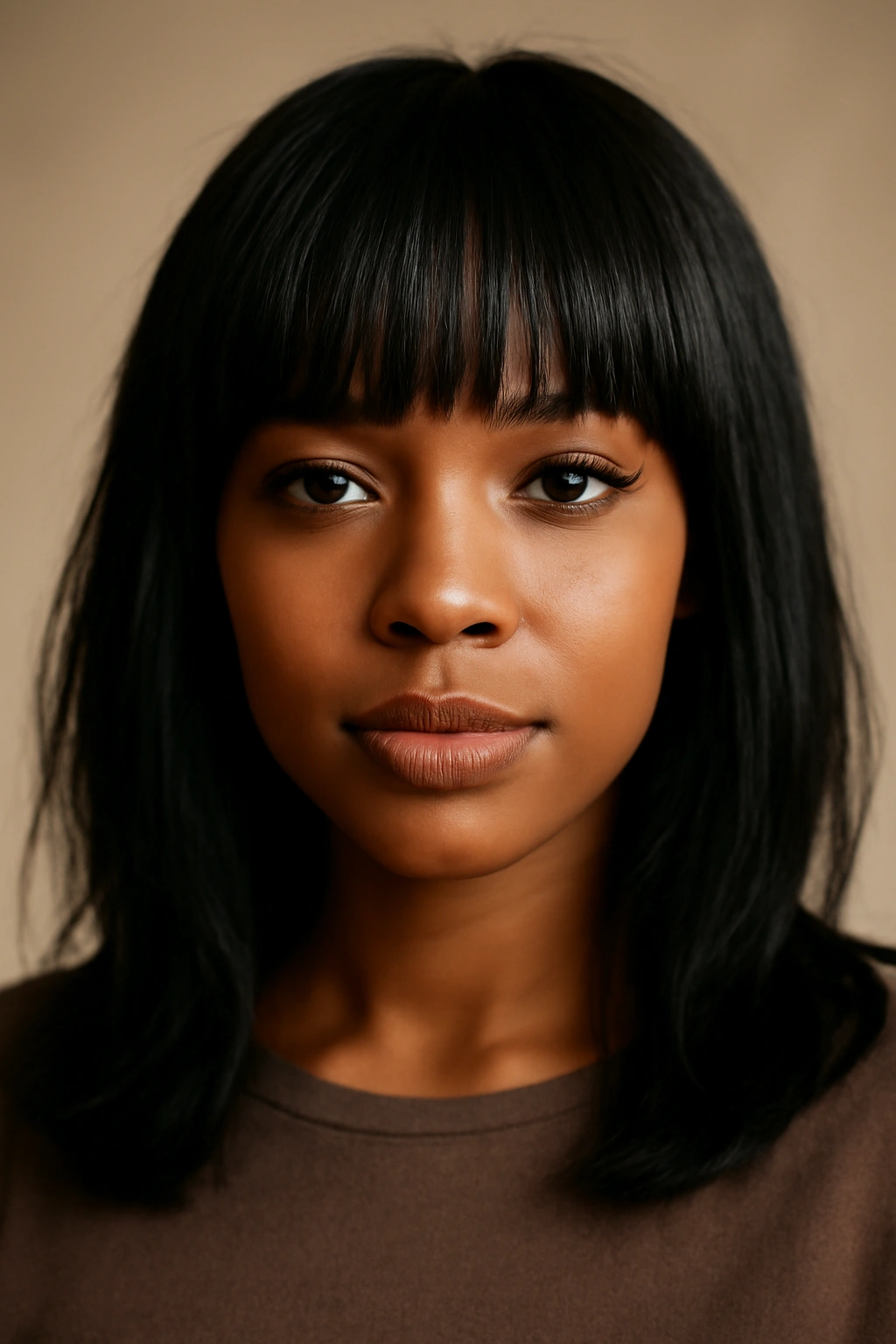 12 Bangs Hairstyles That Flatter Black Women 13 Close-up portrait of a Black woman with chic bangs, showcasing a flattering face-framing hairstyle.