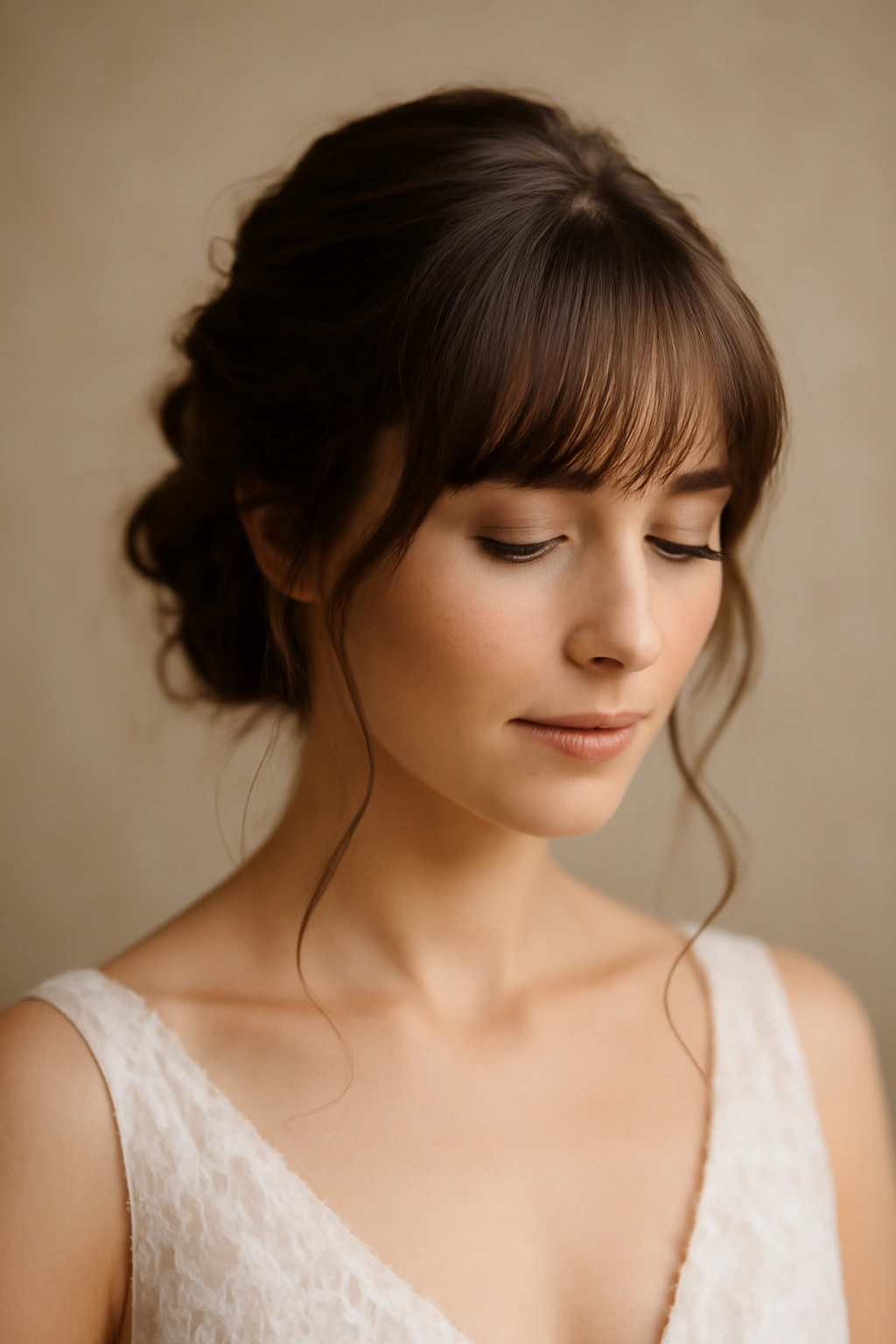 10 Wedding Hairstyles That Look Gorgeous With Bangs 11 Bridal portrait showing bangs-forward hairstyle in a calm thoughtful moment