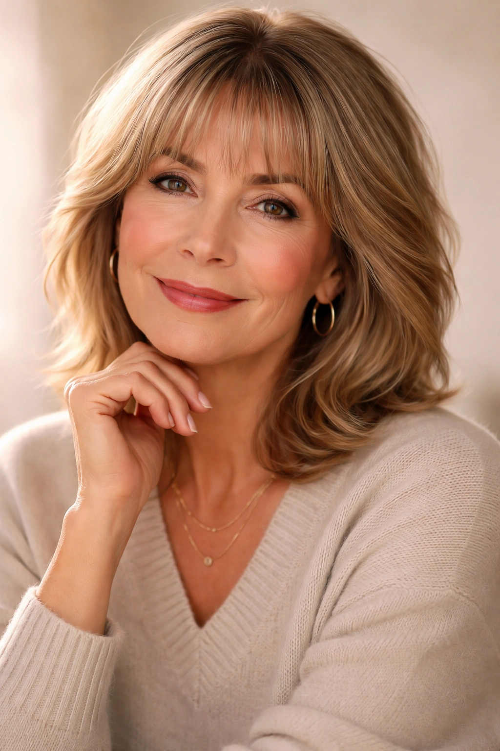 Confident mature woman with bangs and a warm smile