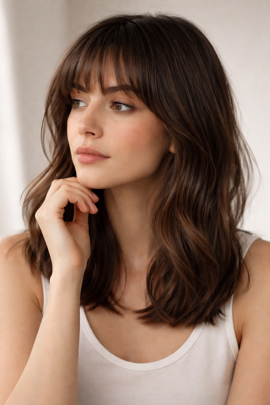Portrait of a person with medium-length hair and bangs in a neutral studio, thoughtful expression