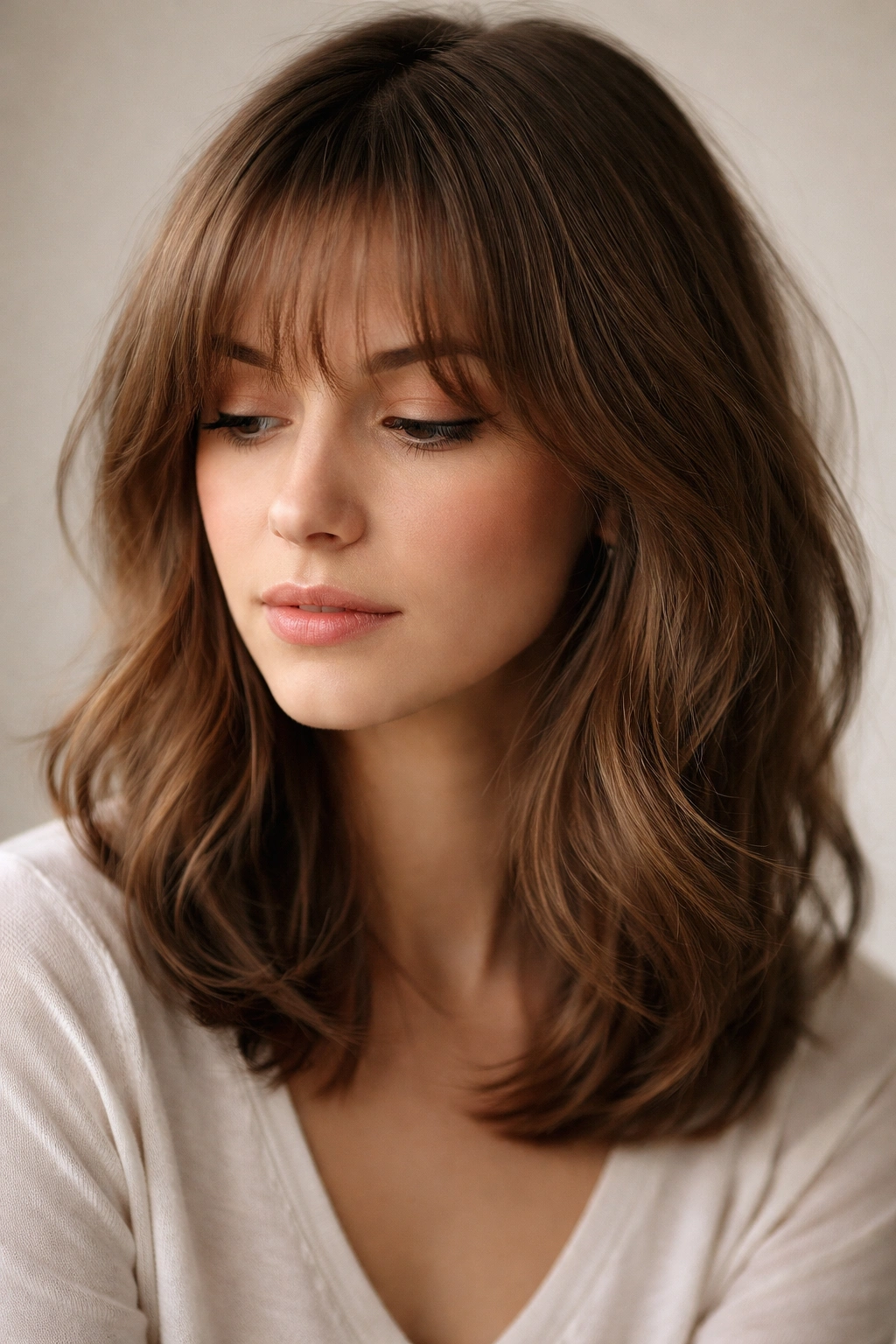 18 Bangs To Try With Medium Length Hair 19 Portrait of a person with medium-length hair and wispy bangs in a thoughtful pose