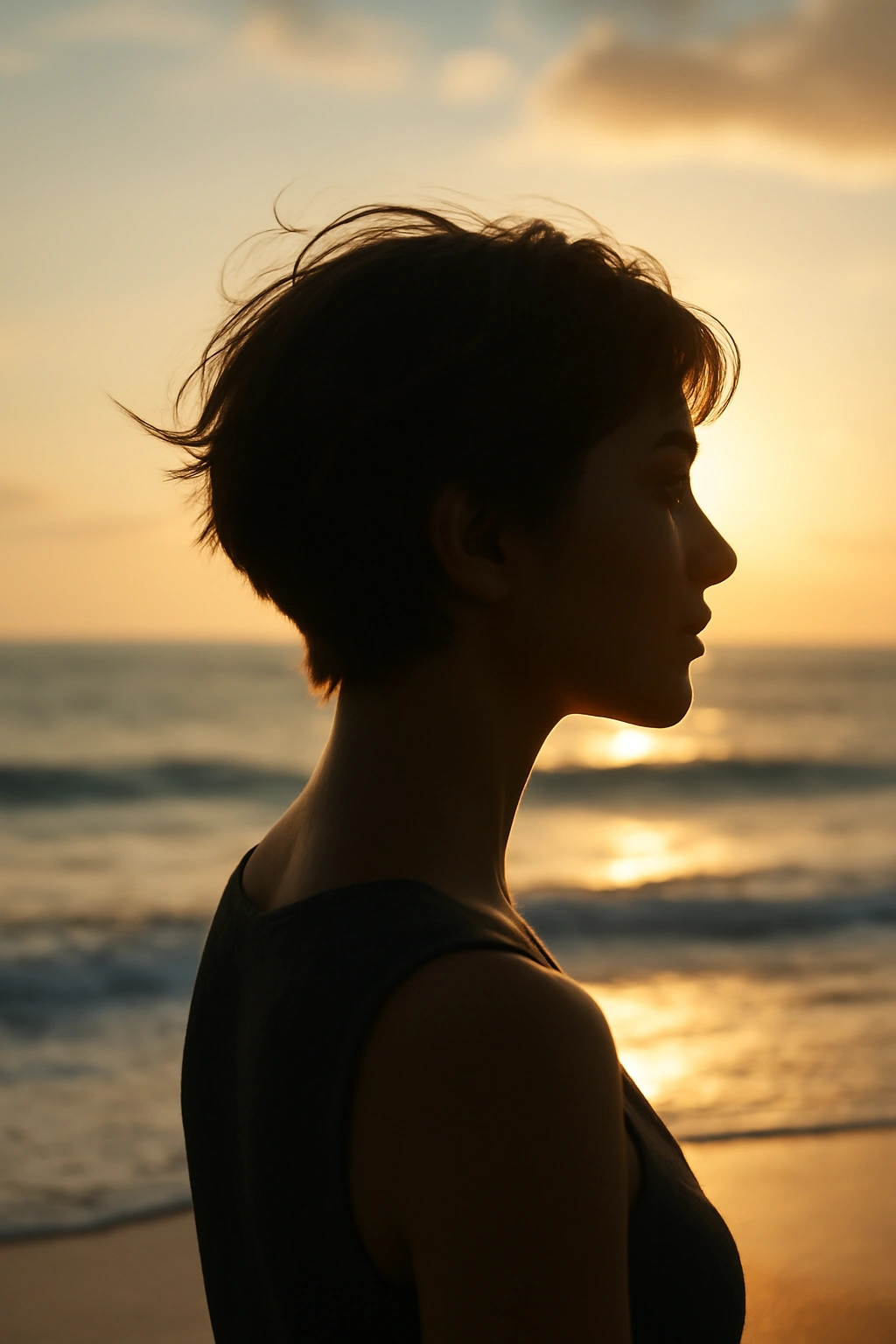 10 Beach Vacation Hairstyles for Short-Haired Women 11 Silhouette of a person with short hair at the beach contemplative mood