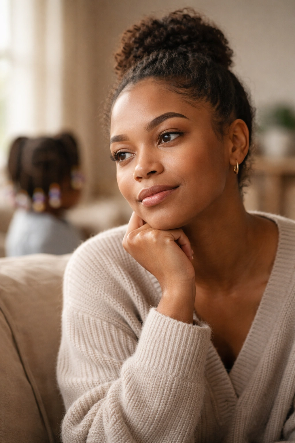 Close-up portrait of a thoughtful caregiver with beaded hair visible in the background, representing final thoughts on toddler beaded hairstyles