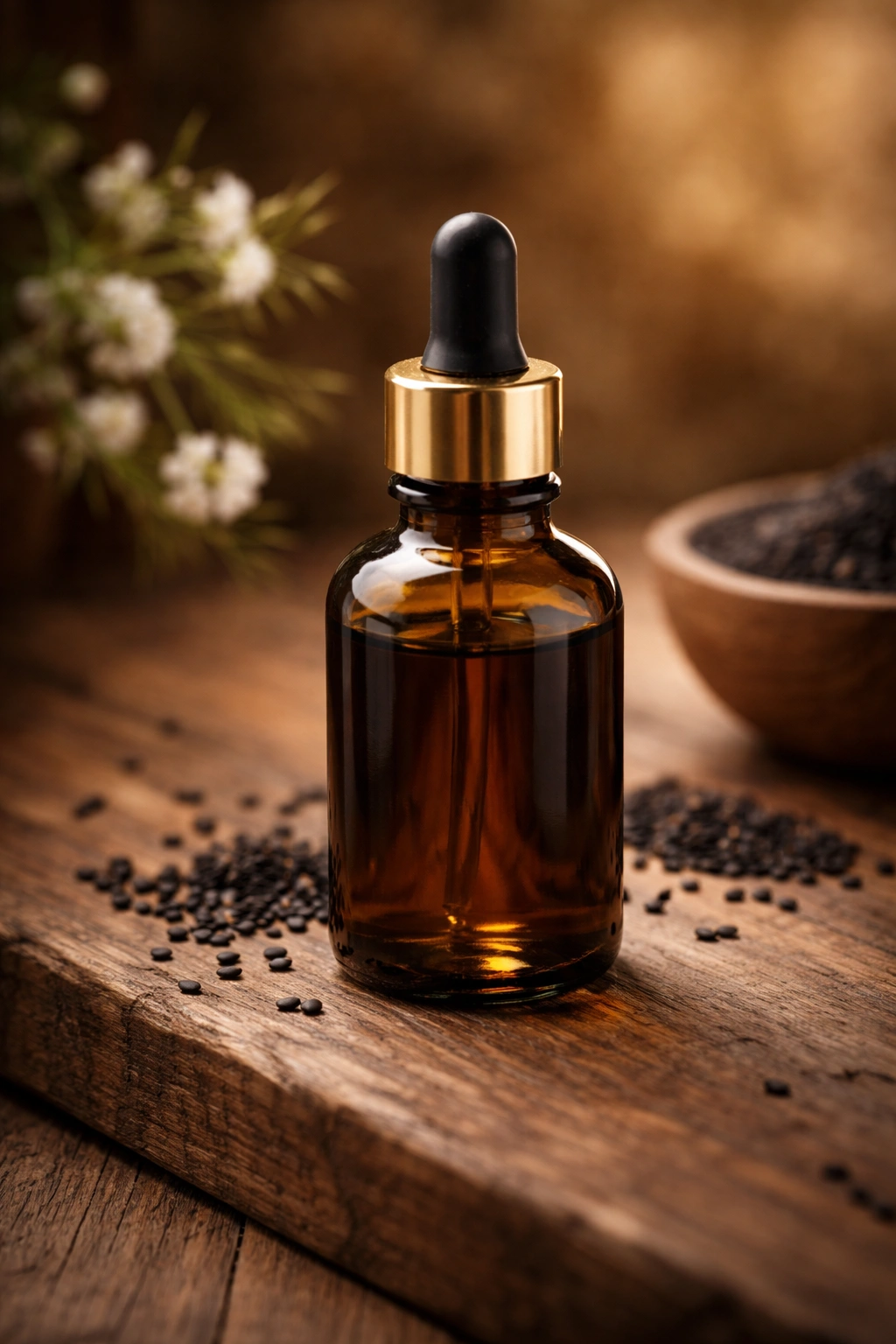 Single dark bottle of black seed oil on wood with warm lighting