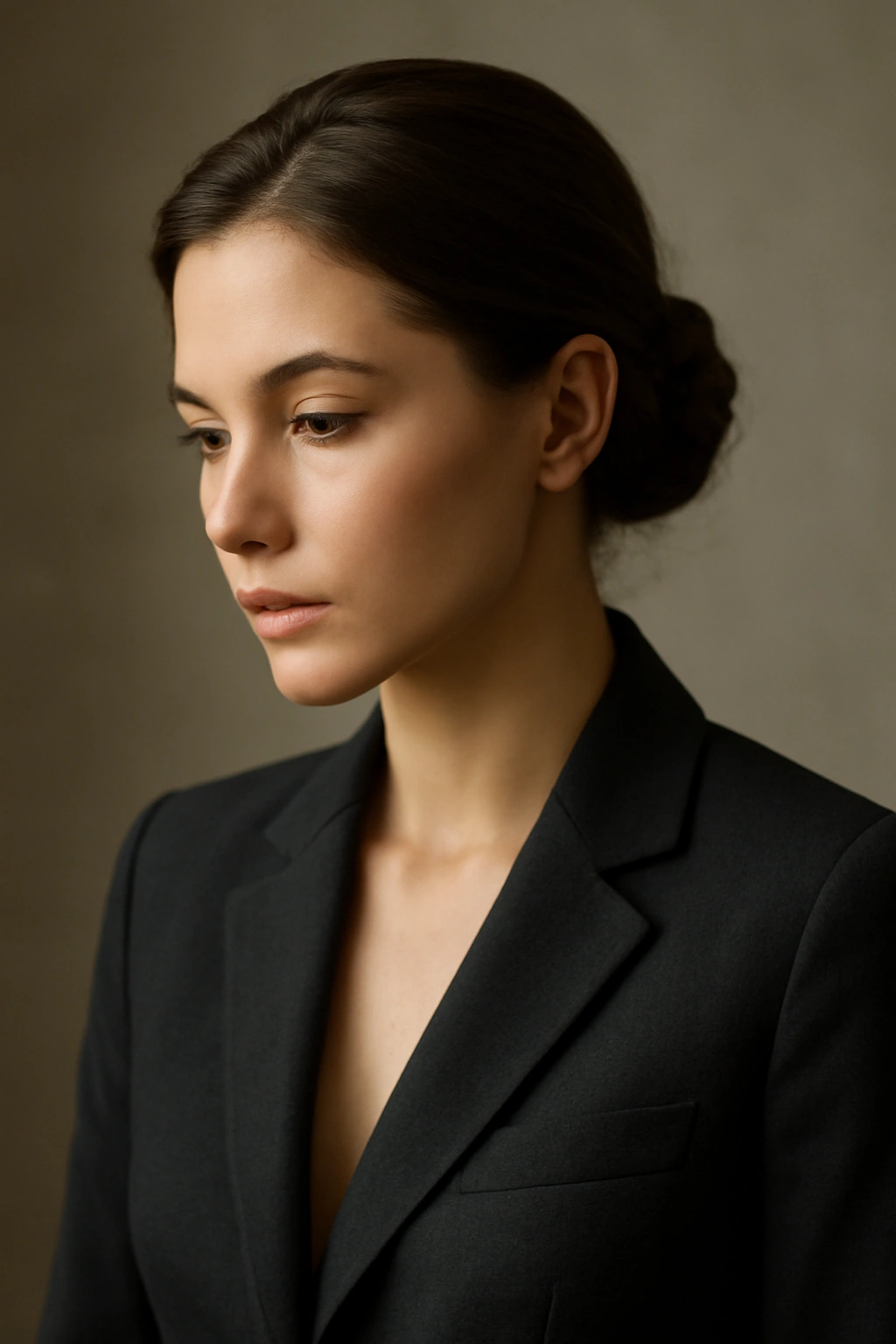 10 Hairstyles That Instantly Elevate Any Blazer Outfit 11 Portrait of a thoughtful person in blazer with polished hairstyle