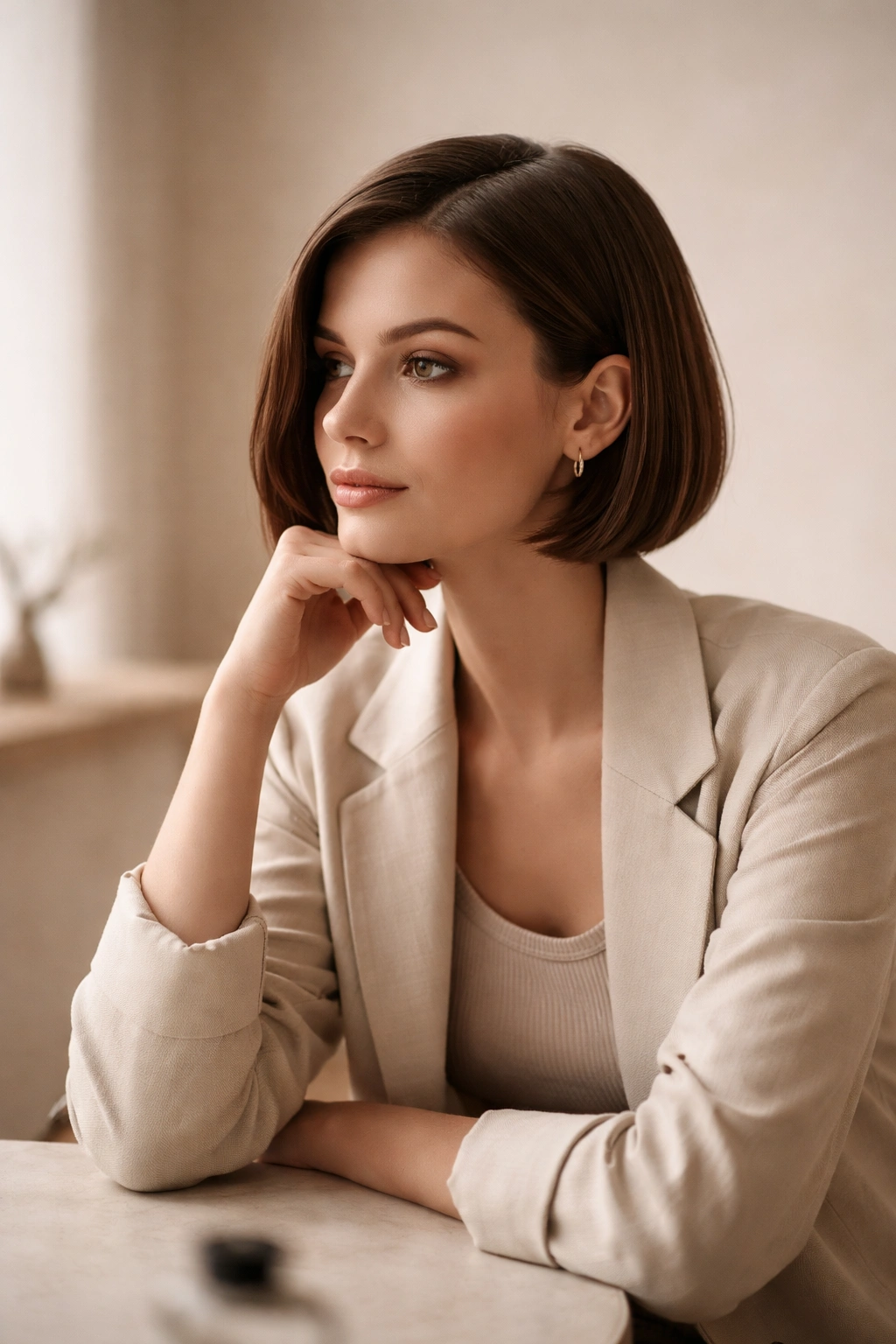 Portrait of a person with a polished bob in a minimal studio, conveying reflective final thoughts.