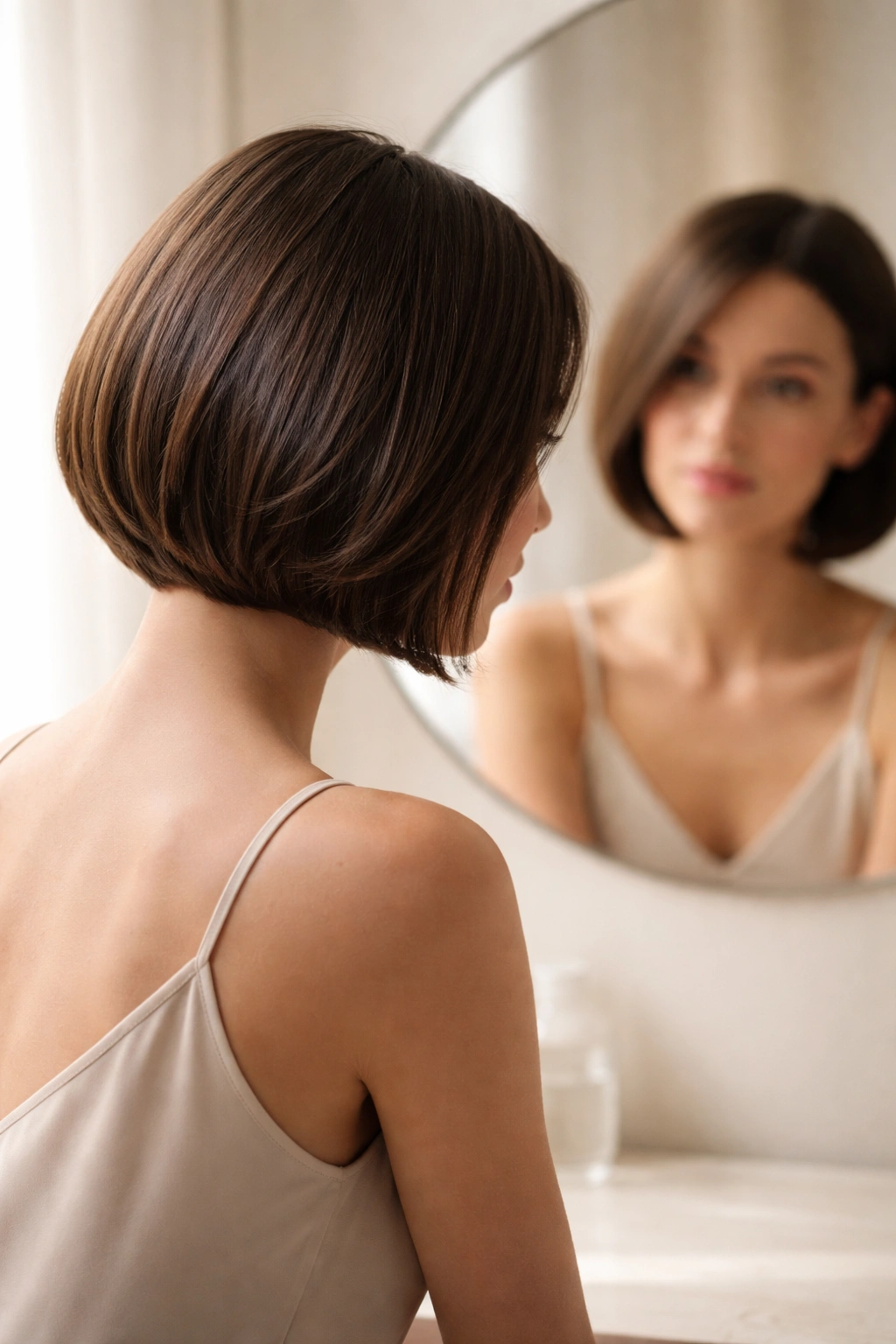 Contemplative portrait emphasizing a modern bob hairstyle with soft lighting