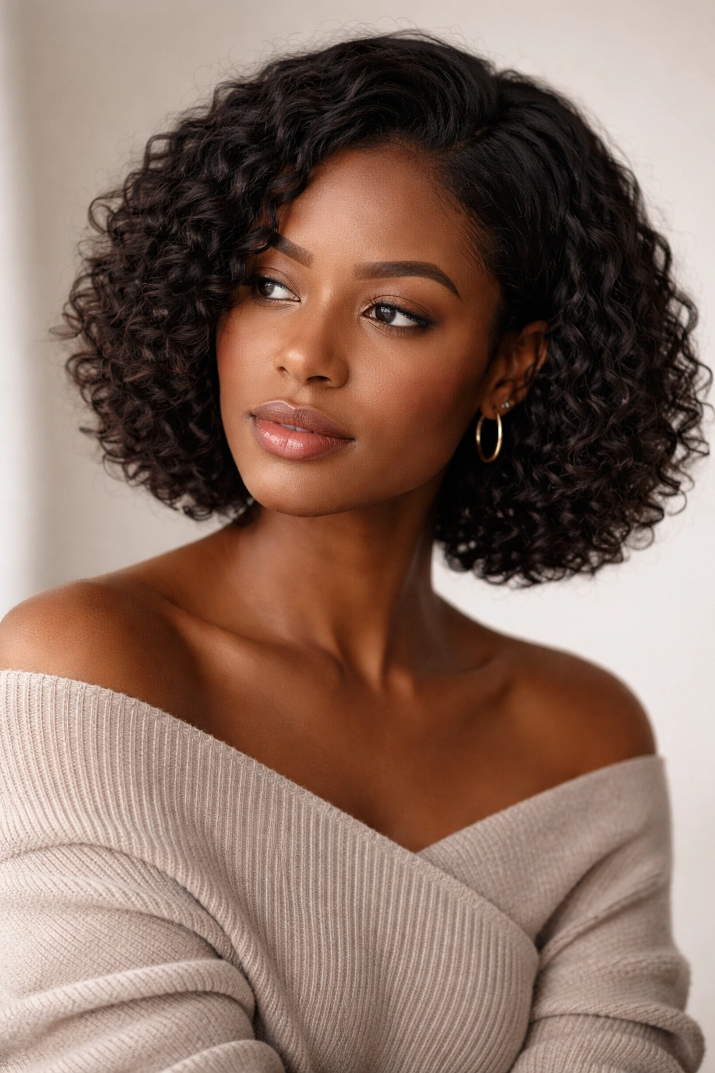 Close-up portrait of a Black woman with a natural textured bob in a neutral studio