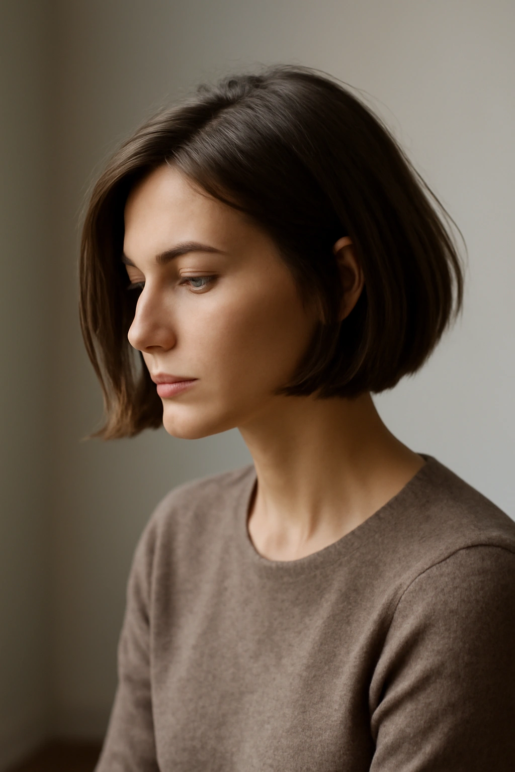 20 Bob Haircut Ideas From Short To Long Lengths 21 Contemplative portrait of a person with a bob haircut in soft studio lighting