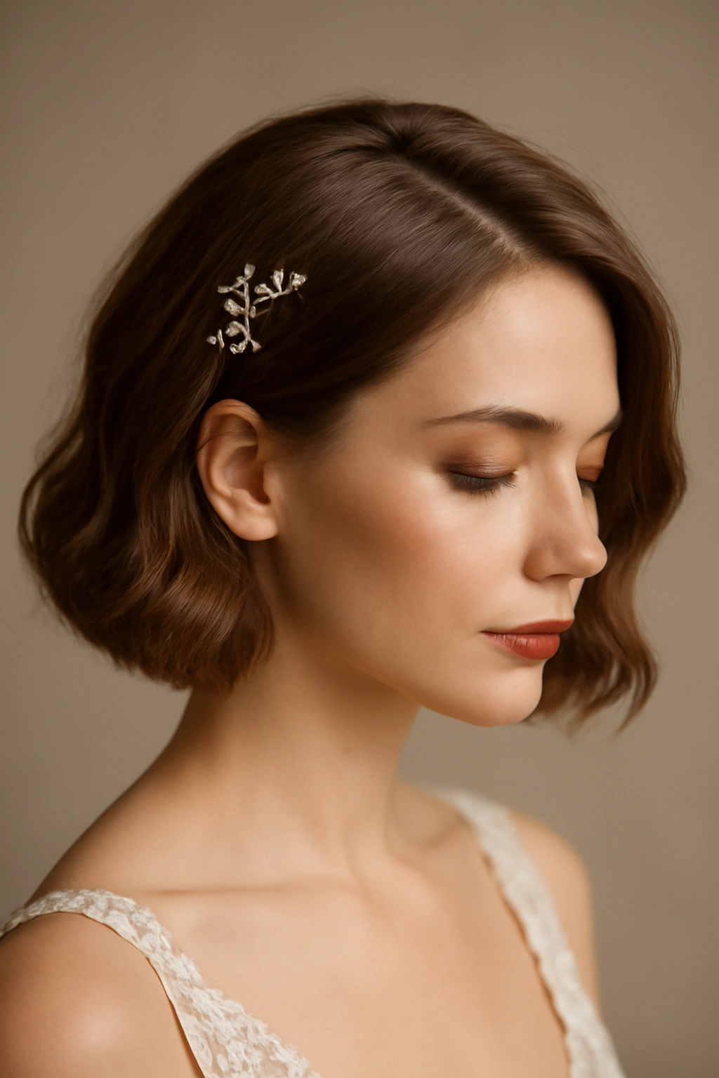 10 Wedding Hairstyles That Look Great on Bobs 11 Close-up of bridal bob showing texture and shine