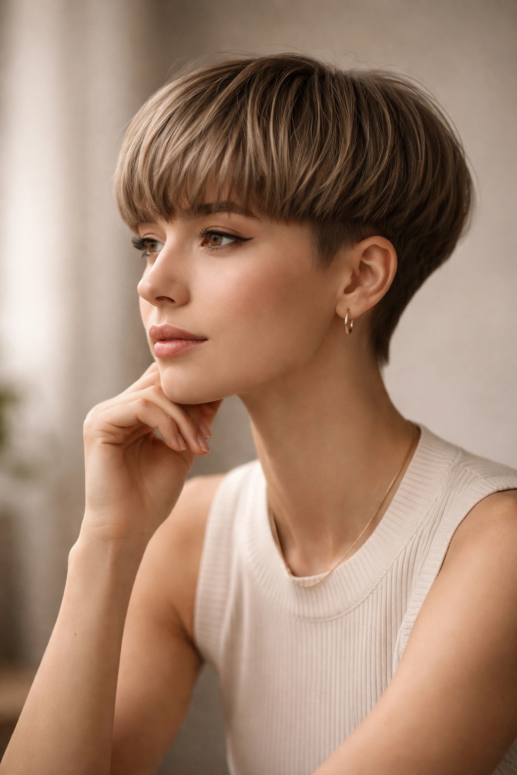 Contemplative portrait of a person with a modern bowl cut