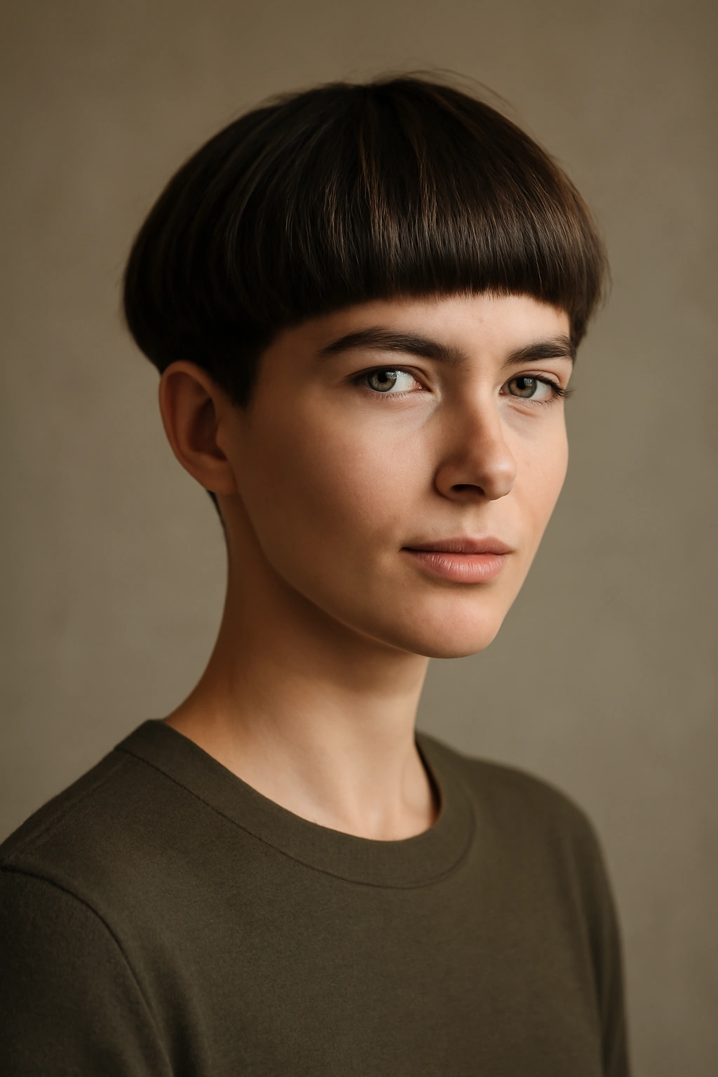 10 Modern Bowl Cuts Women Are Actually Getting 11 Editorial portrait of a person with a modern bowl cut in studio lighting