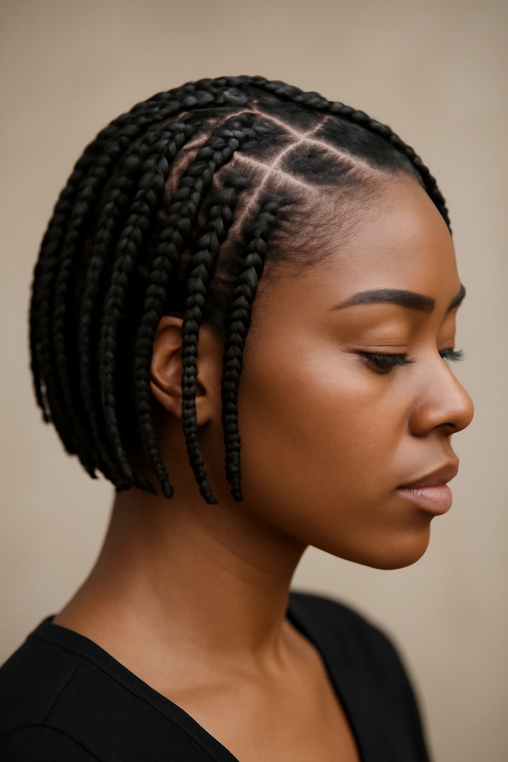 12 Short Box Braid Styles That Look Neat and Polished 13 Close-up of a model with short polished box braids and clean parting in a studio