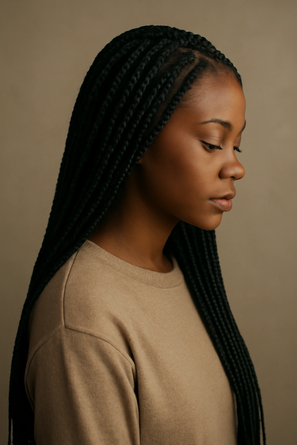 Contemplative portrait of a person with box braids in soft studio lighting.