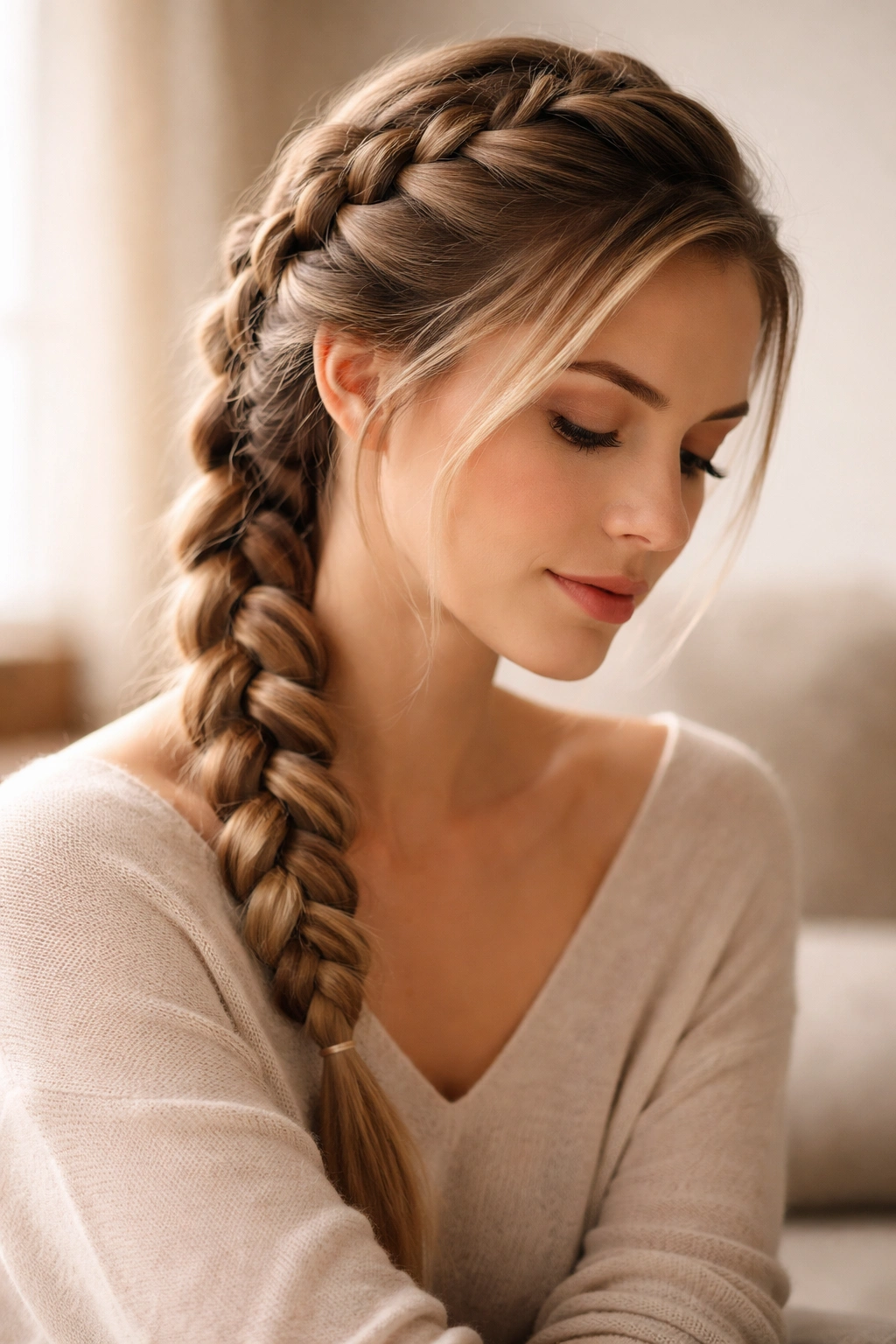 Contemplative portrait with neatly braided hairstyle, soft lighting, minimal background