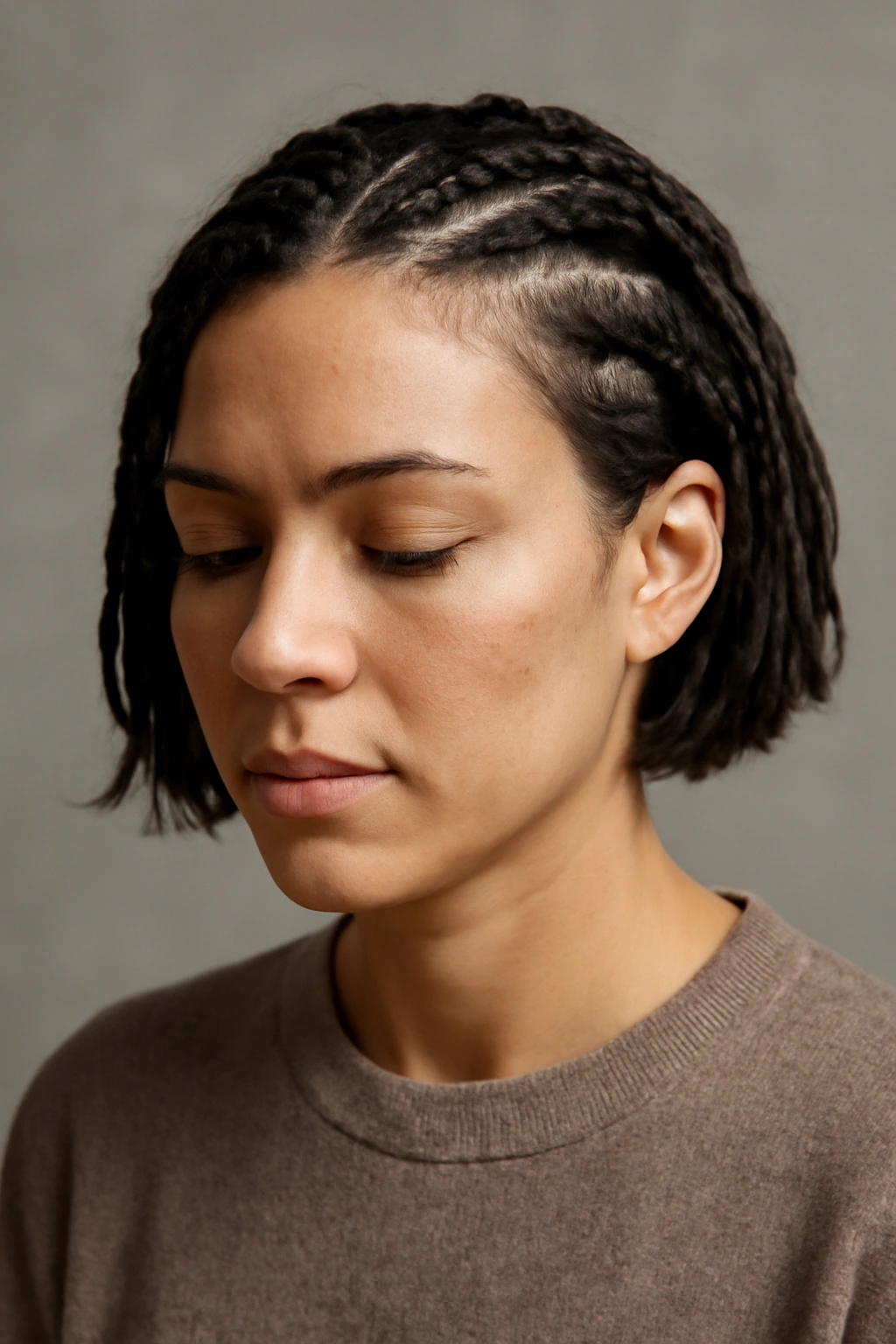 Portrait of a person with a short braided hairstyle in a thoughtful pose.