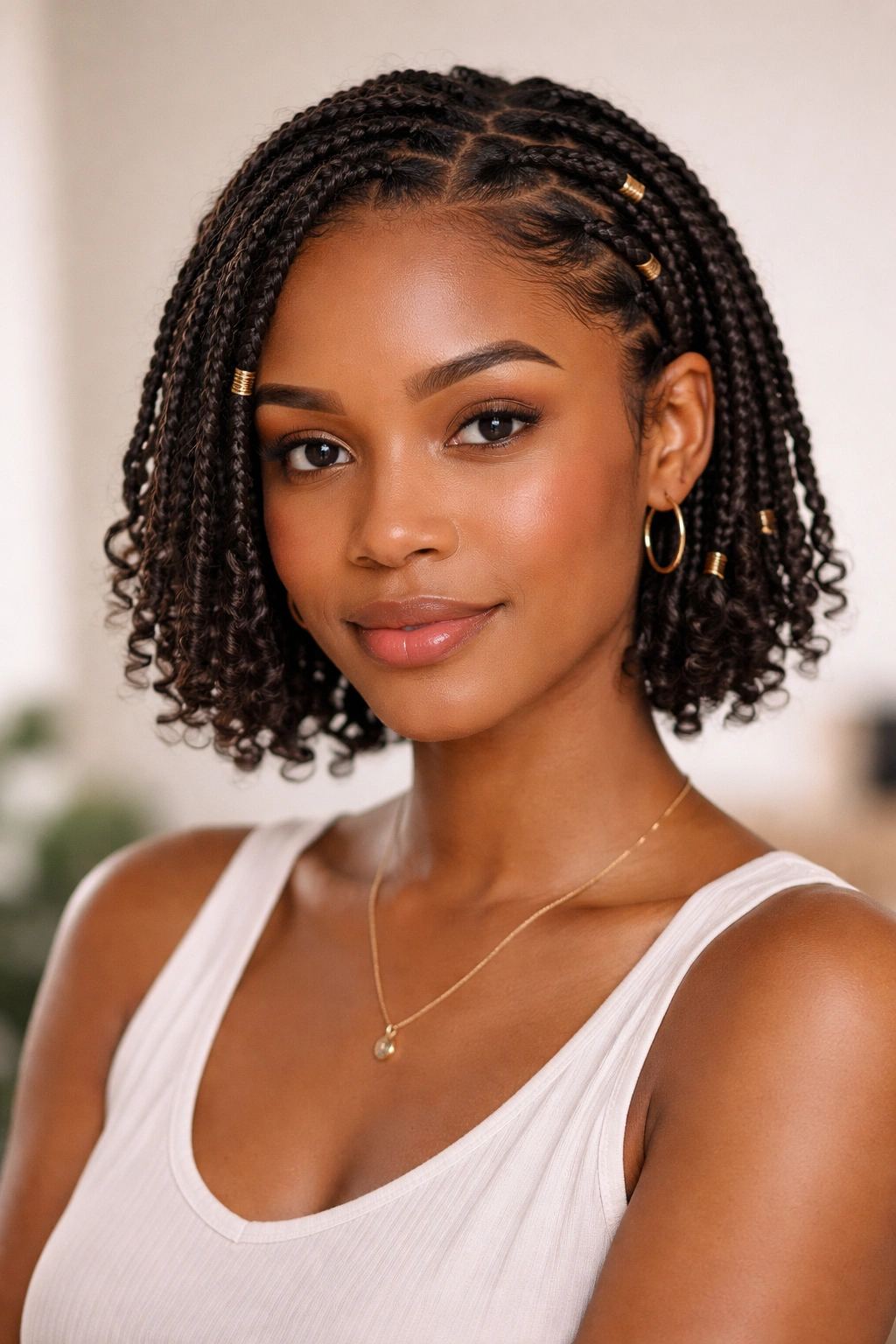 Calm portrait of a head with a finished short braid look on natural hair