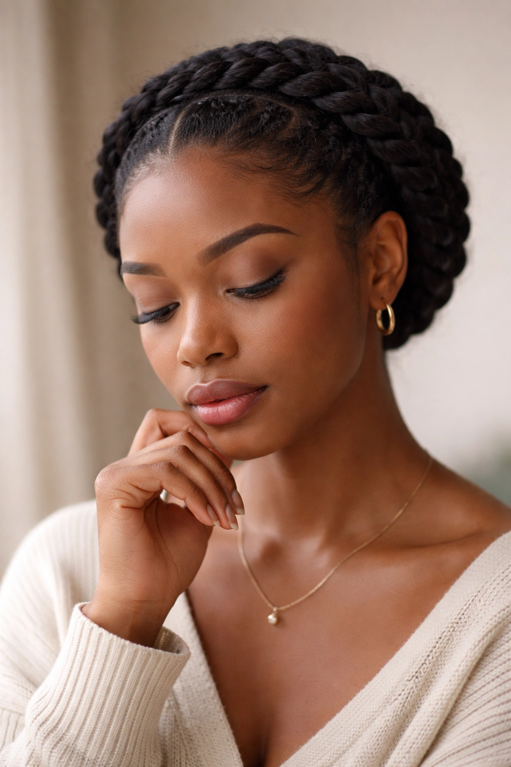 Contemplative portrait of a person with a halo braid