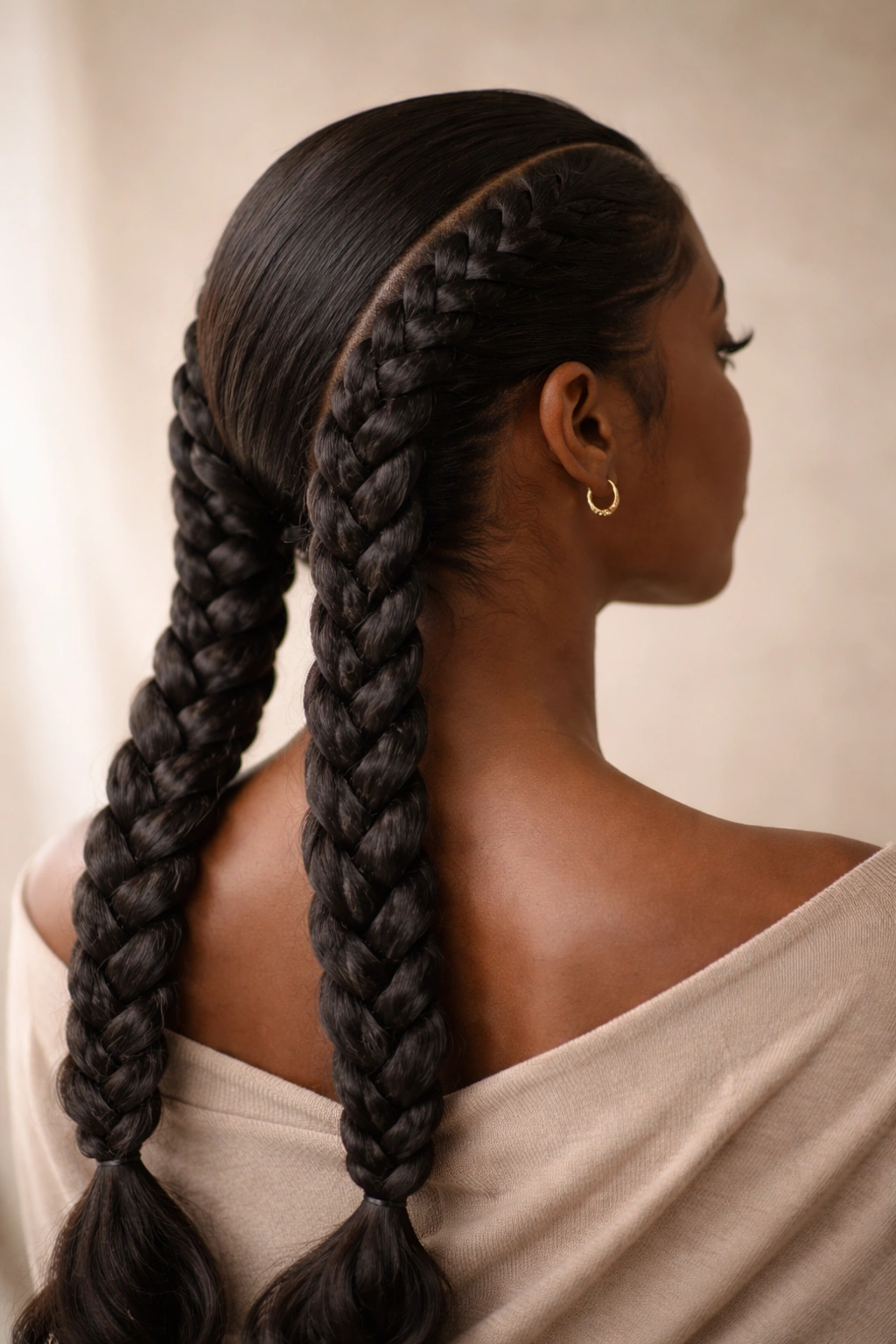 Silhouette of two side-part braids in a neutral studio setting