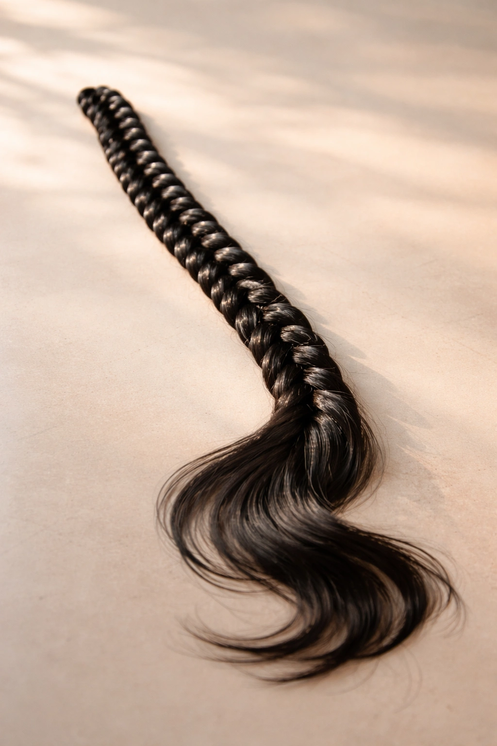 Single knotless braid on a clean surface with soft lighting
