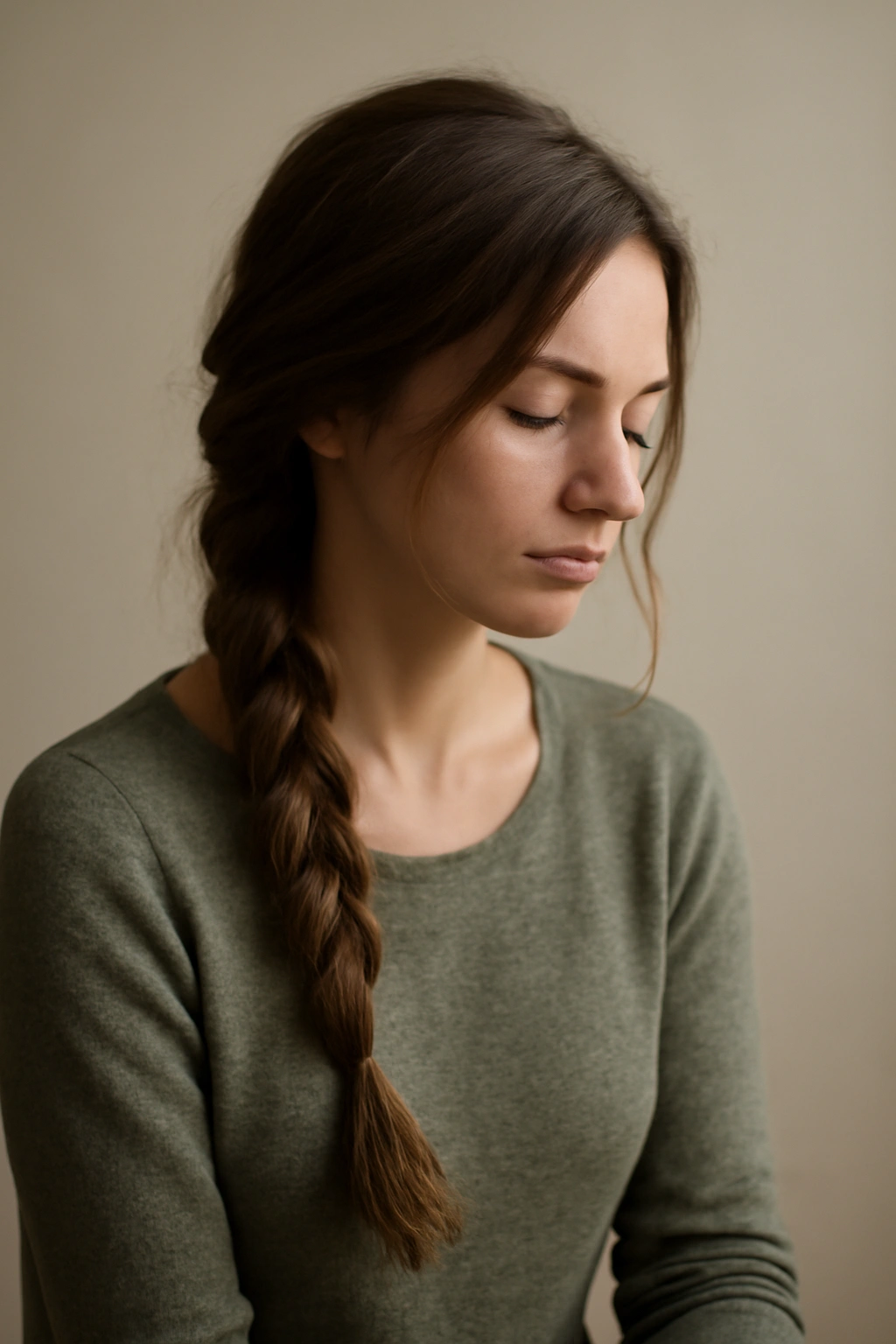 Person with a loose braid in soft lighting, thoughtful mood