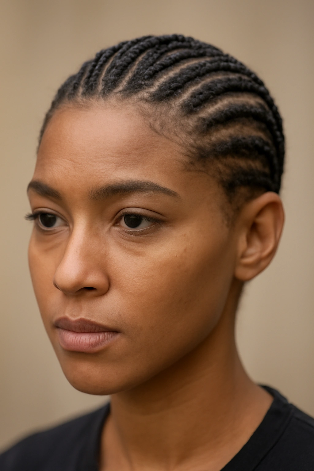 12 Braided Short Hairstyles That Actually Stay Put 13 Close-up portrait of a person with short braided hair showing tight braids and scalp texture