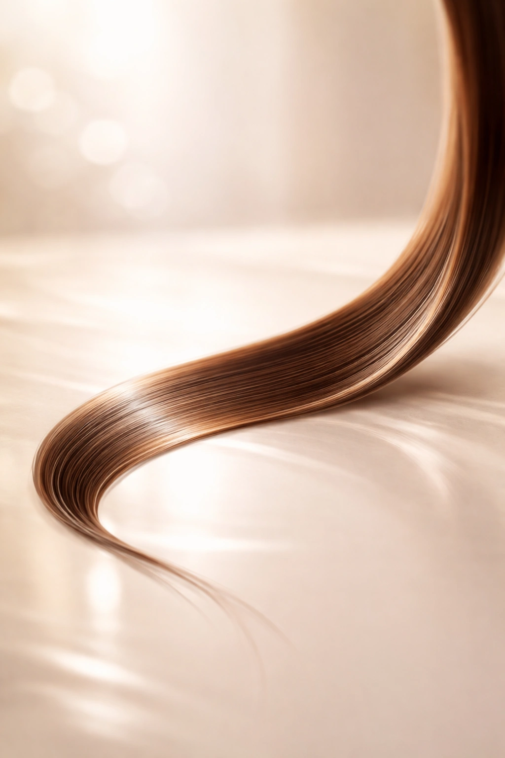 Close-up of a single straight hair strand on a calm surface