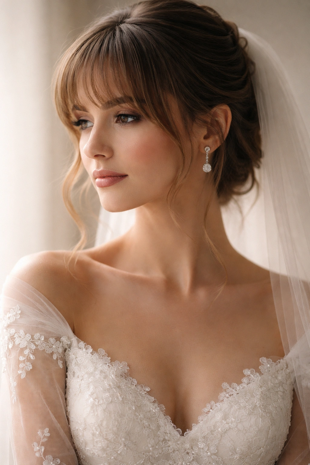 Bridal silhouette contemplating hairstyle with bangs in soft light.