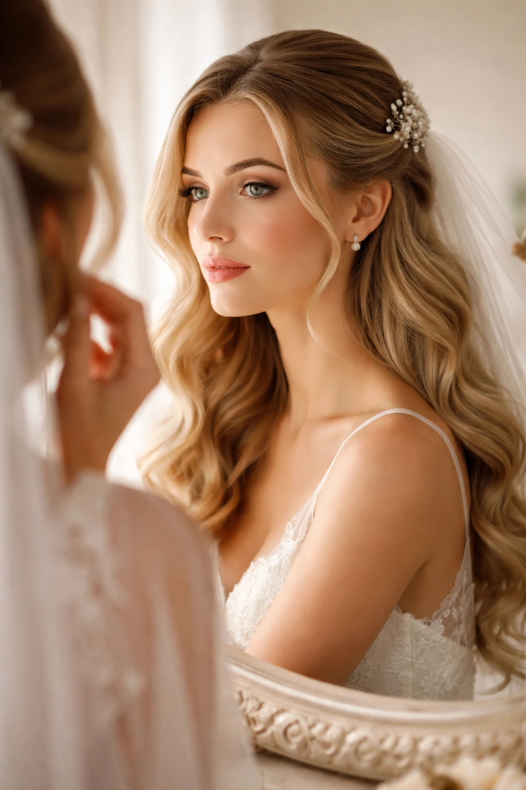 Bride in soft light with contemplative expression reflecting final thoughts on hairstyle