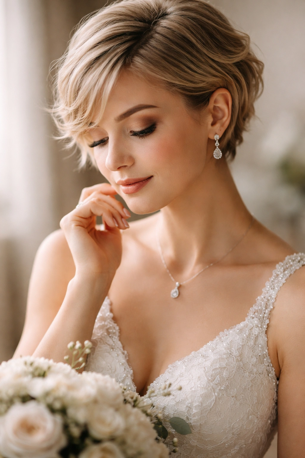 Bride with short hair in a thoughtful post-styling pose