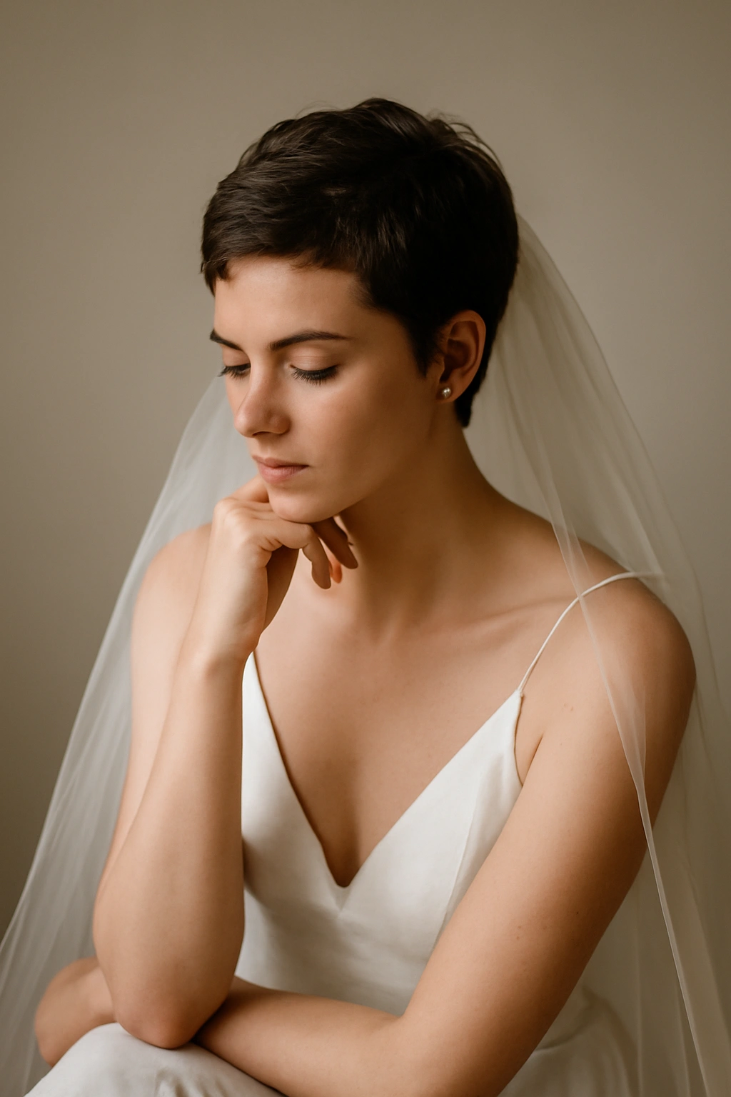 Getting Married With Short Hair? 10 Bridal Looks 11 Contemplative bride with short hair in a serene studio setting.